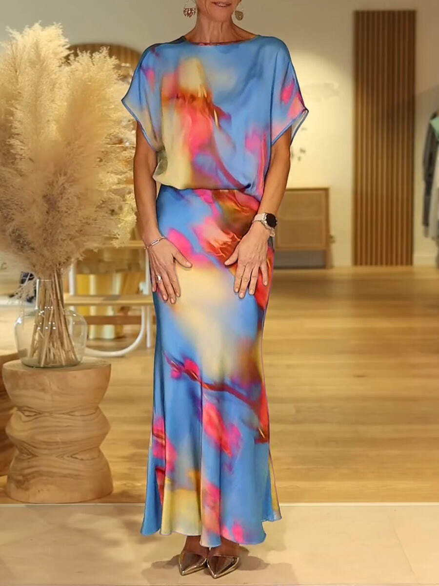 🔥Summer Arrivals🌟Women's Colorful Tie-patter Pattern Round Neck Short Sleeve Casual Loose Top And High Waist Slim Fit Satin Set