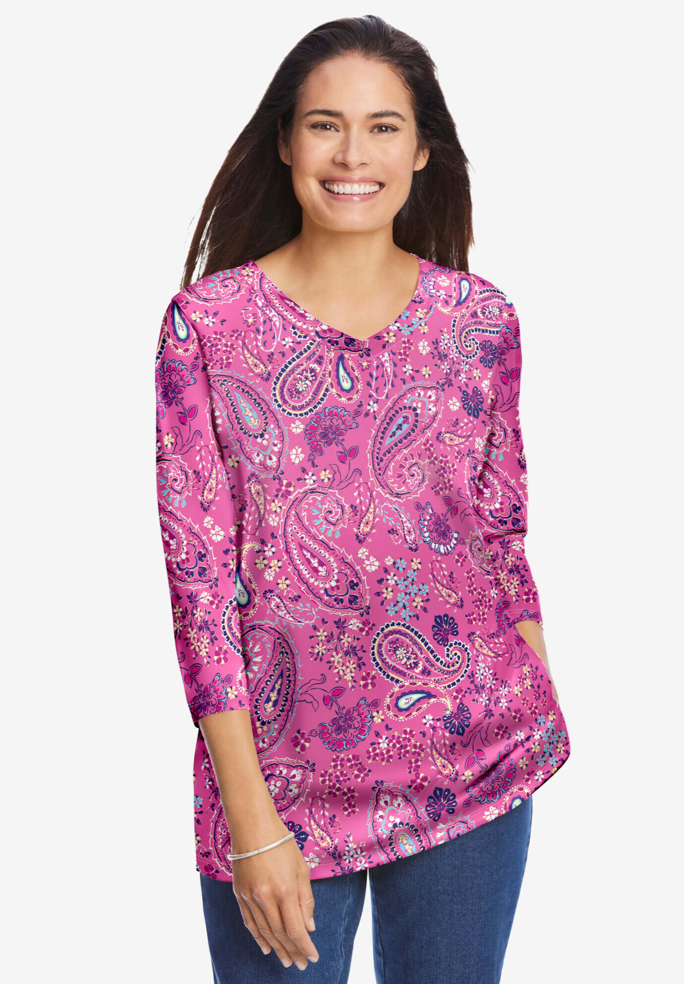 Perfect Printed Three-Quarter Sleeve V-Neck Tee