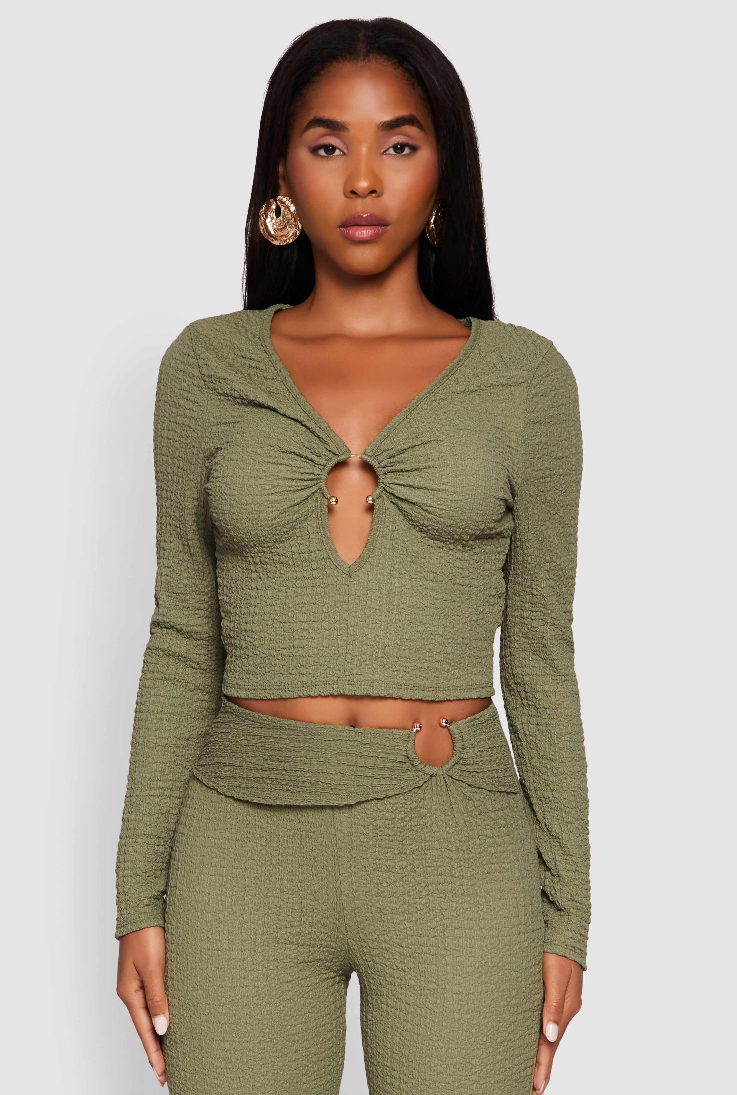 O Ring Cut Out Textured Knit Cropped Blouse