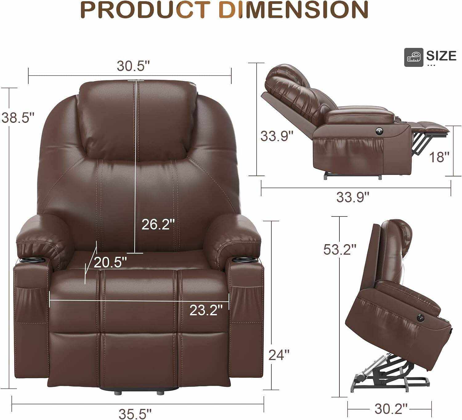YONISEE Lar2ge Lift Chairs Recliner for Elderly - Power Fabric Lift Chair Modern with Massage and Heat, Extended Footrest, 3 Positions, 2 Side Pockets, and Cup Holders, USB Ports, Coffee Color