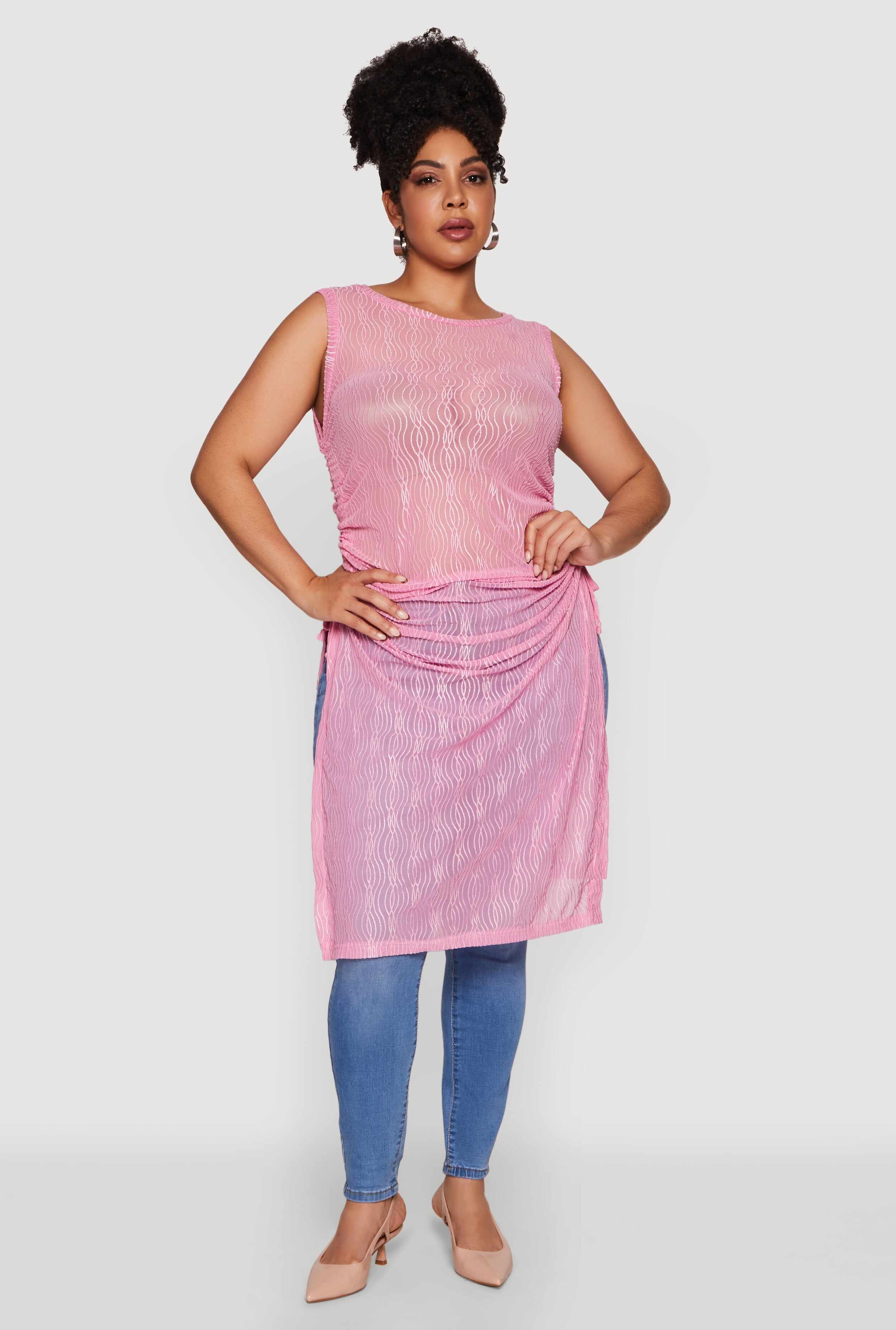 Plus Size Stylish Mesh Side Slit Tank Top with Ruching and Maxi Hem