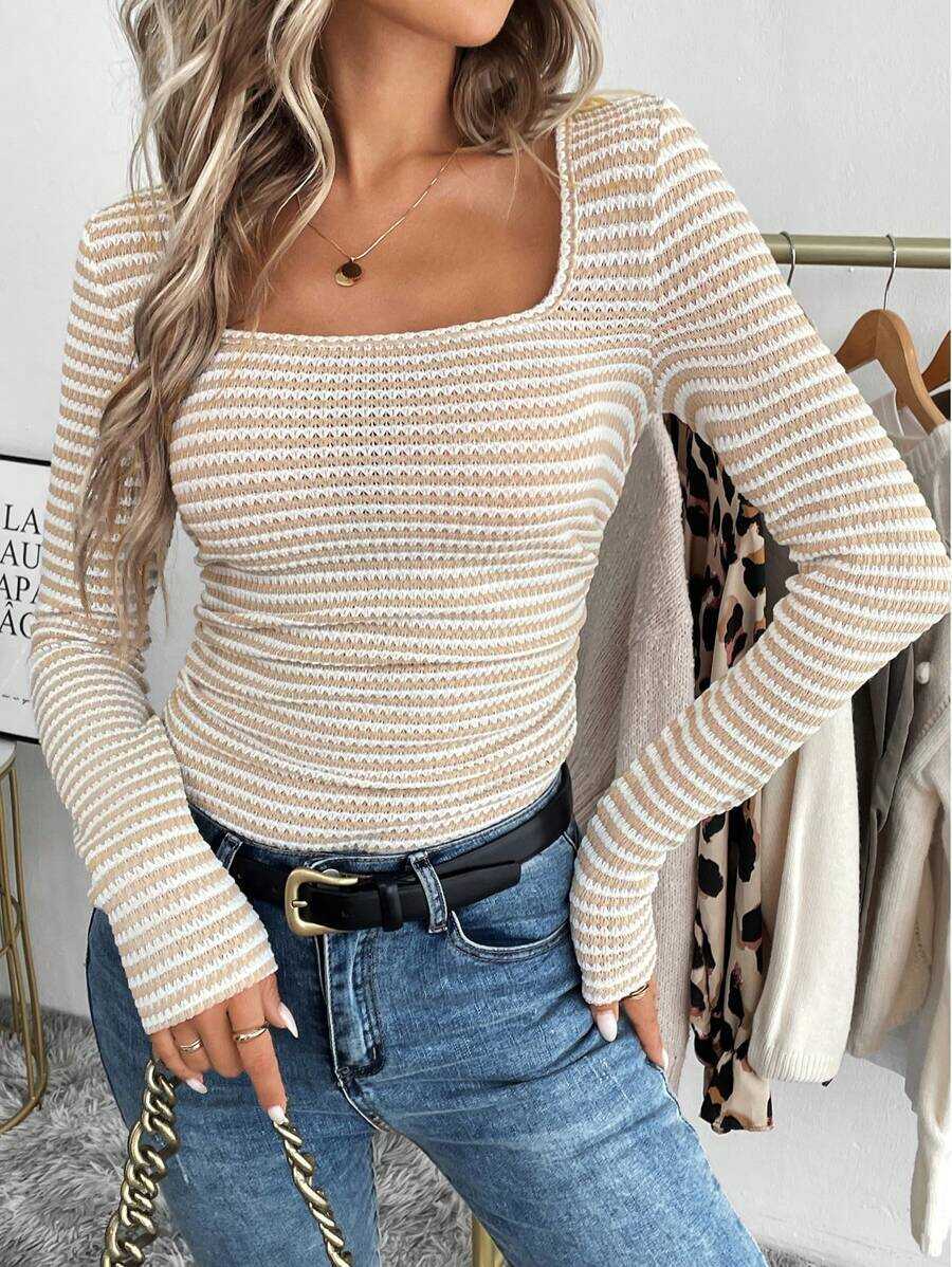 Square-neck Slim-fit Long-sleeve Knit Top