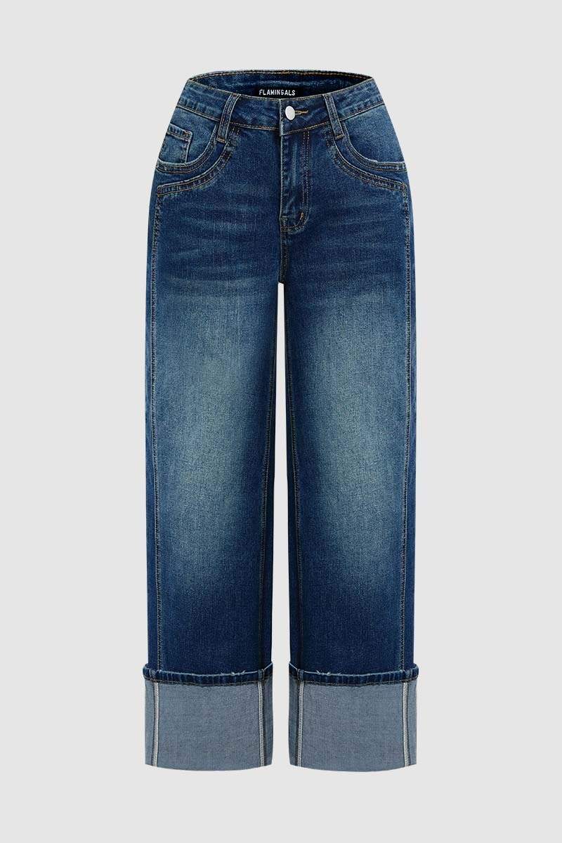 Roll Hem Wash Mid Waist Straight Leg Jeans