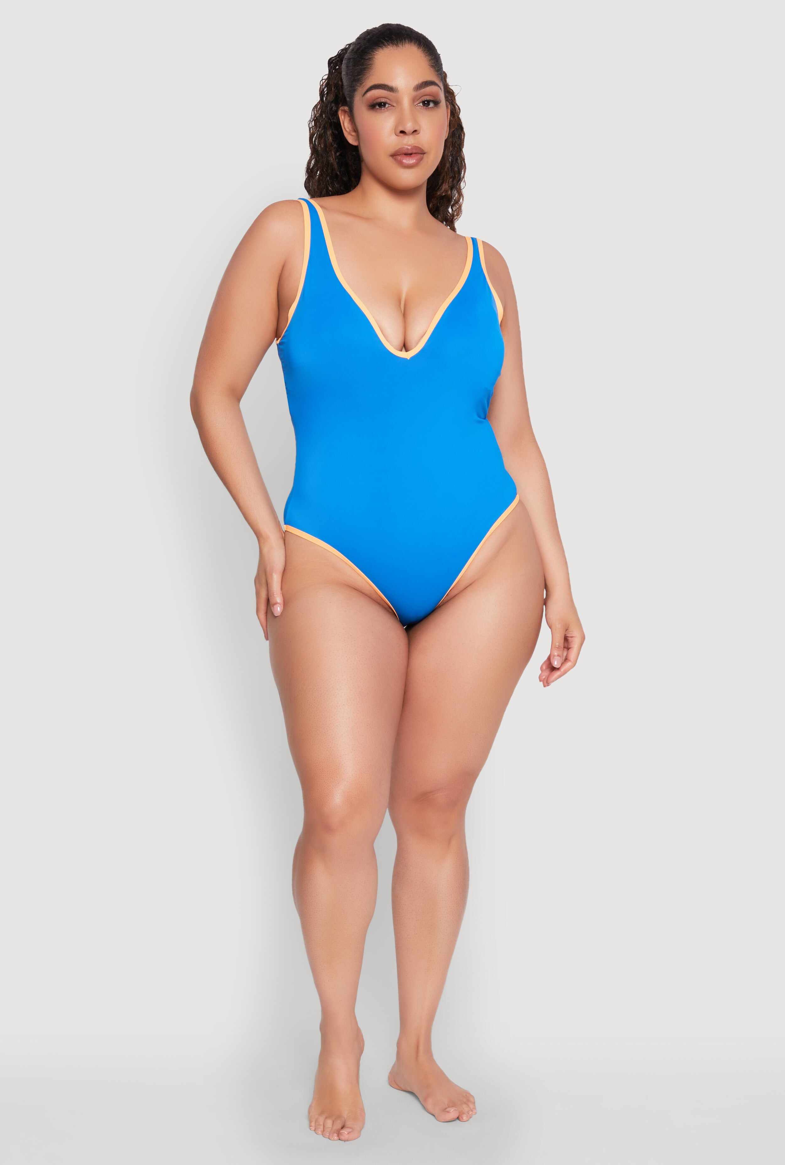 Plus Size Contrast Trim High Cut One Piece Swimsuit