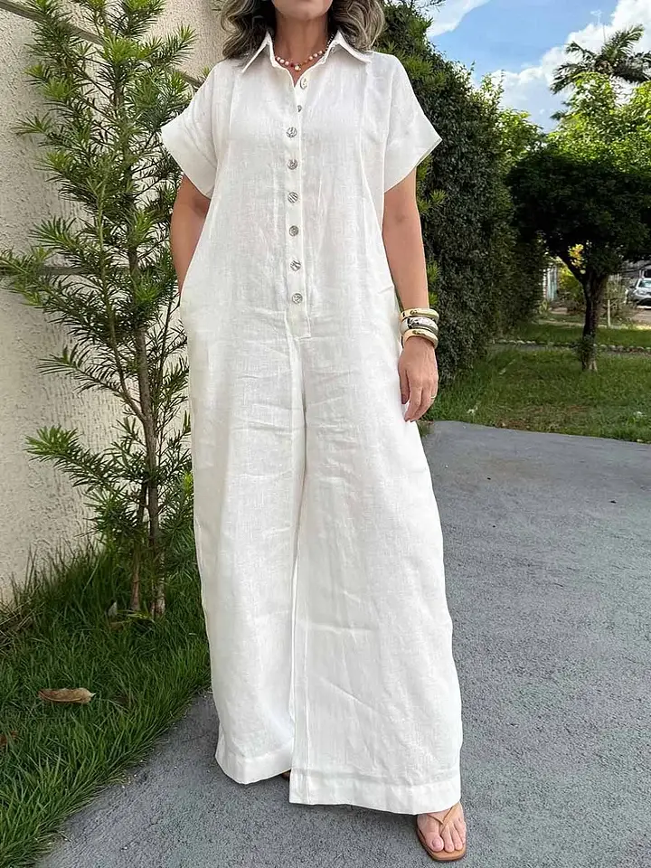 🔥Summer Arrivals🌟Women's Solid Color Shirt Collar Short-sleeved High-waisted Casual Loose Cotton And Linen Wide-leg Jumpsuit