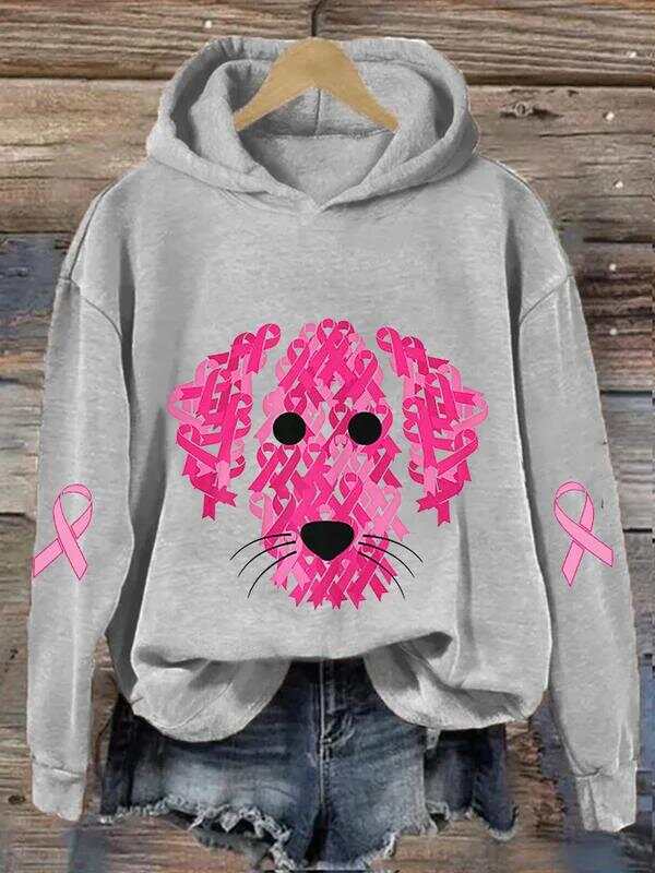 Women's Pink Ribbon Dog Breast Cancer Awareness Print Casual Sweatshirt