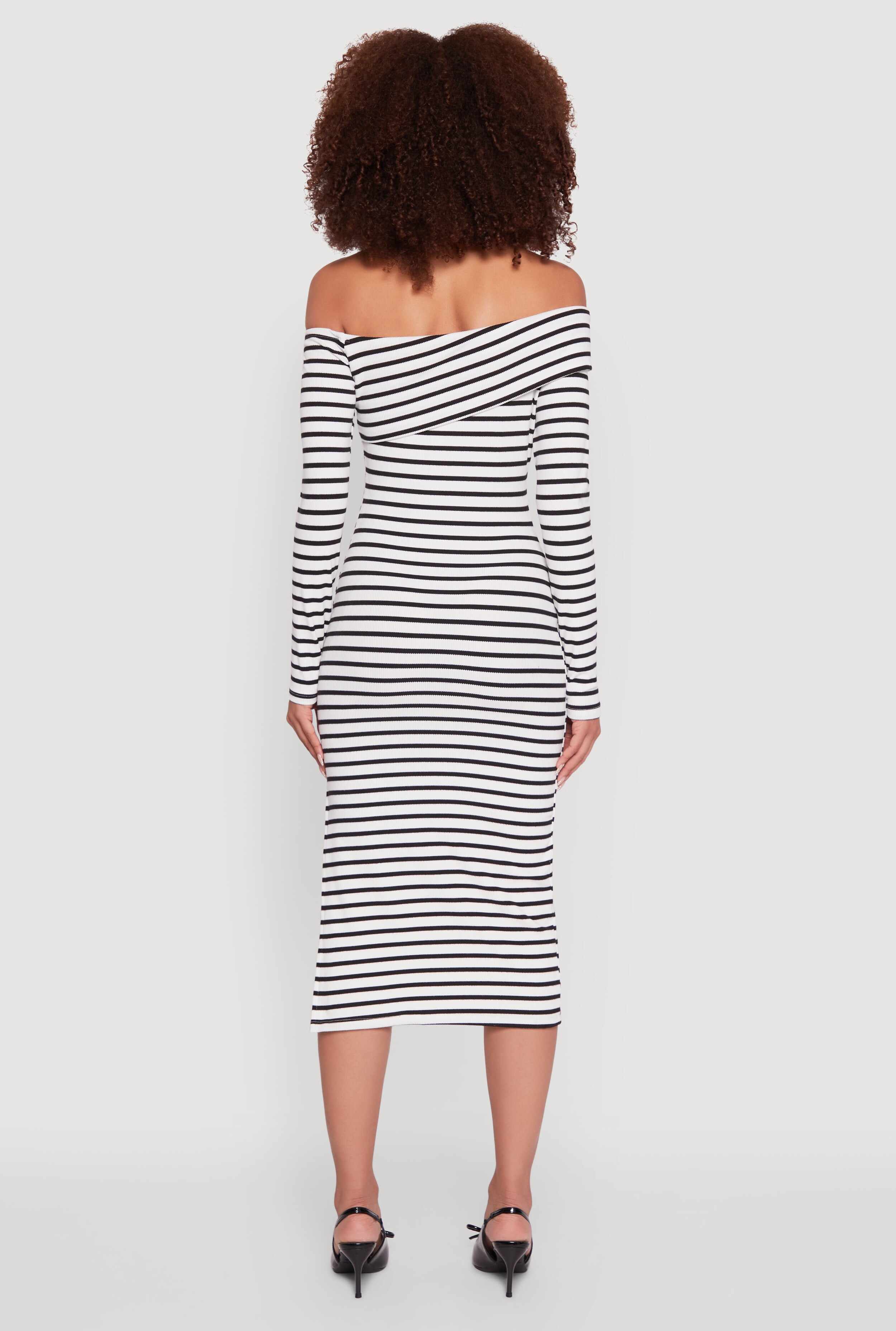 Striped Asymmetrical Fold Over Off The Shoulder Side Slit Dress