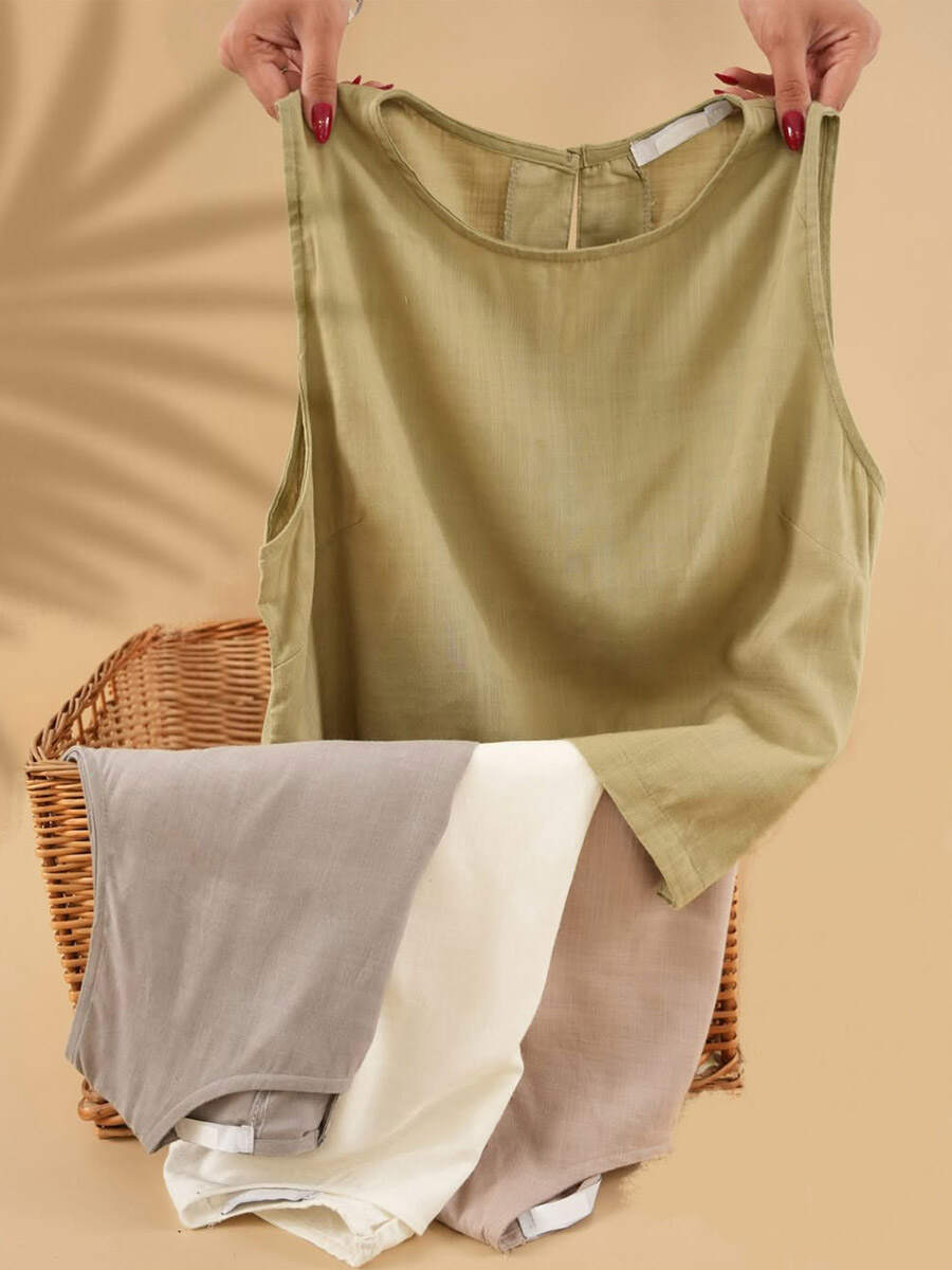 🔥Summer Arrivals🌟Women's Solid Color Round Neck Sleeveless Casual Linen Vest Top
