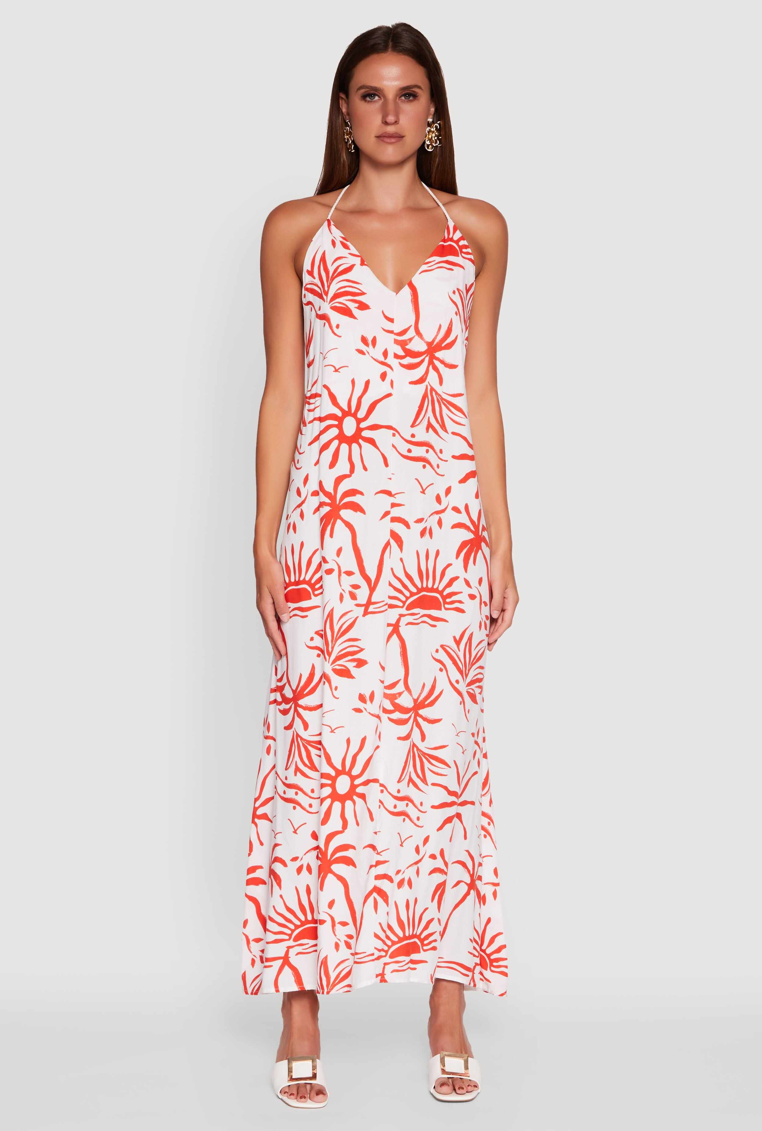 Tropical Print Caged Low Back Rope Halter Maxi Dress