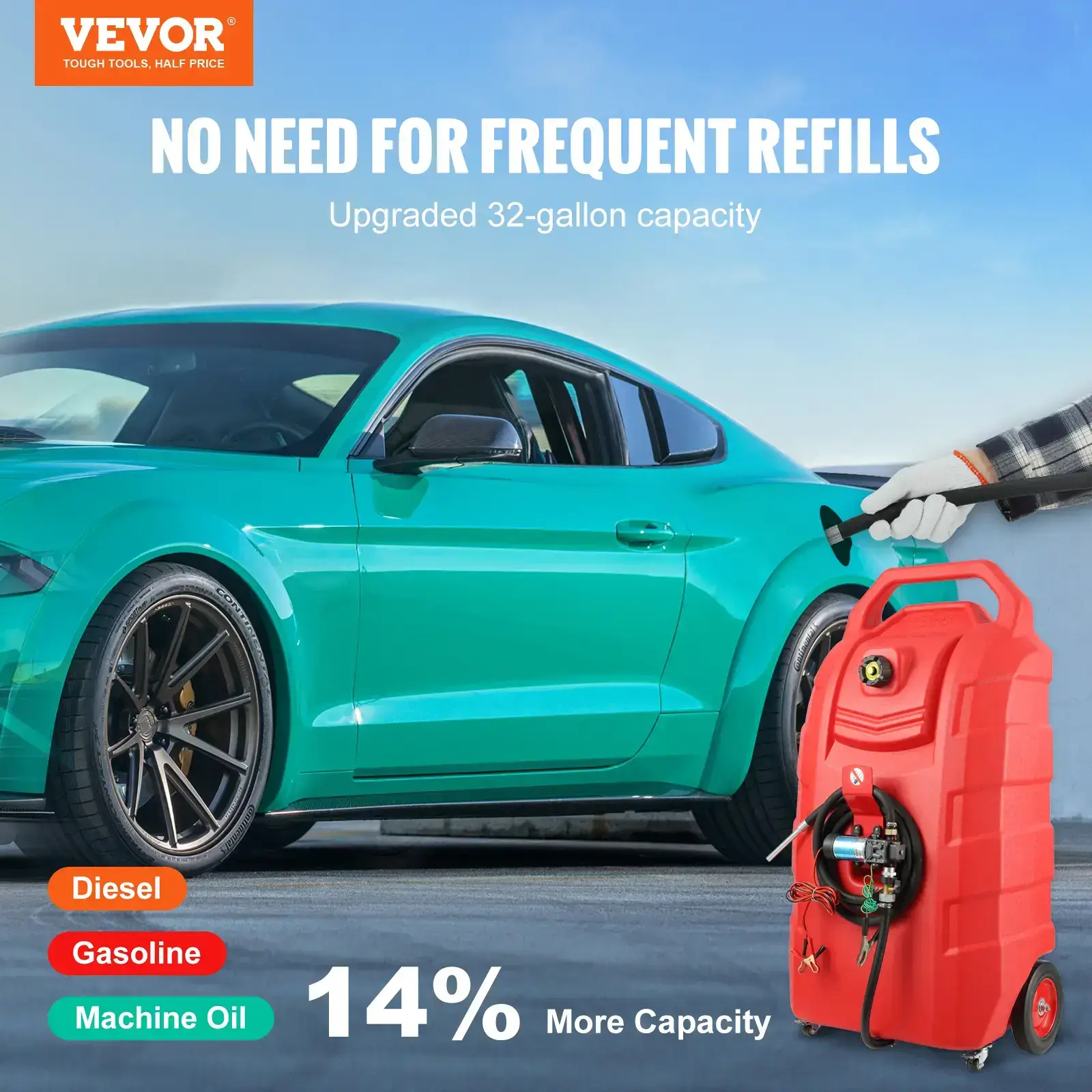 Fuel Caddy,, 32 Gallon, Portable Fuel Storage Tank On-Wheels, with 12V DC Transfer Pump, Gasoline Diesel Fuel Container with 8.2 ft Hose, Flow Rate 7L/min, for Trucks, Boats, Lawn Mowers
