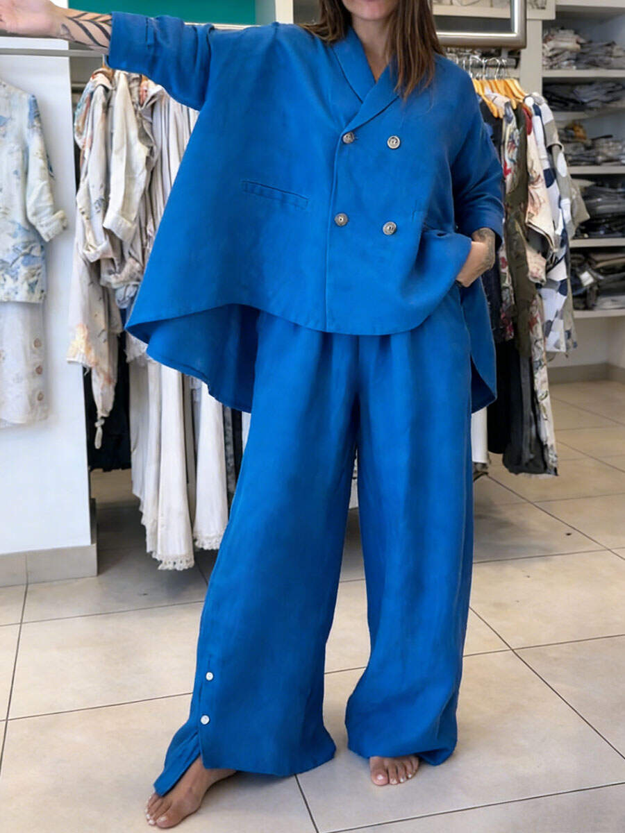 🔥Summer Arrivals🌟Women's Solid Color Lapel Long-sleeved Casual Loose Cotton And Linen Top And High-waisted Casual Loose Wide-leg Cotton And Linen Pants Set.