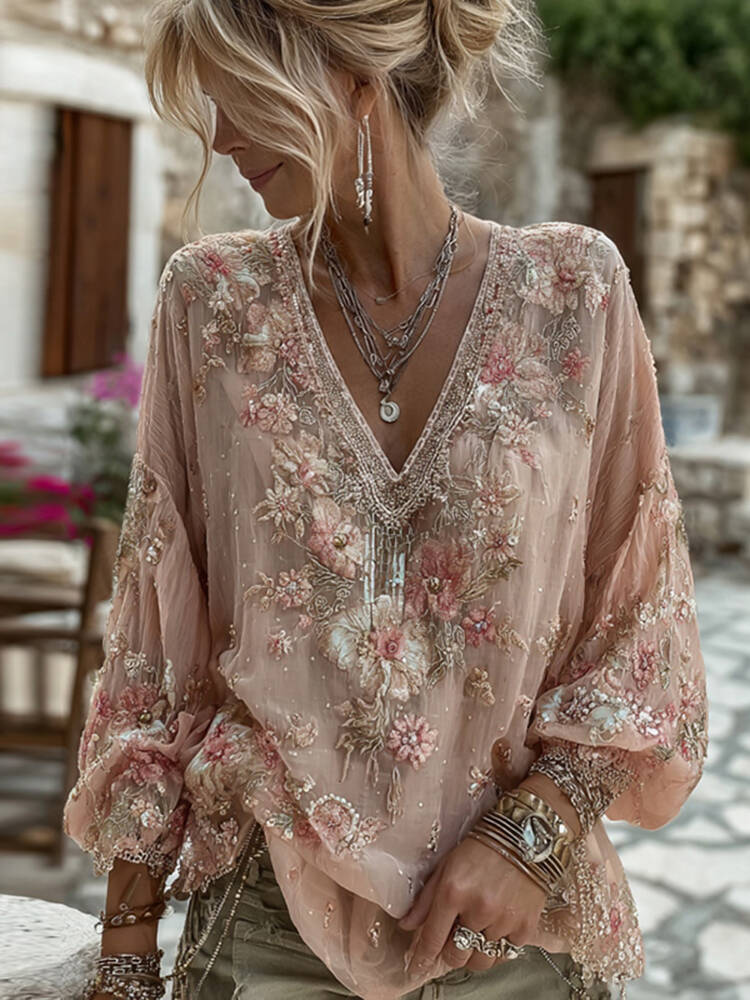Women's Vintage Pink Floral Embroidered Art V-neck Long Sleeve Blouse