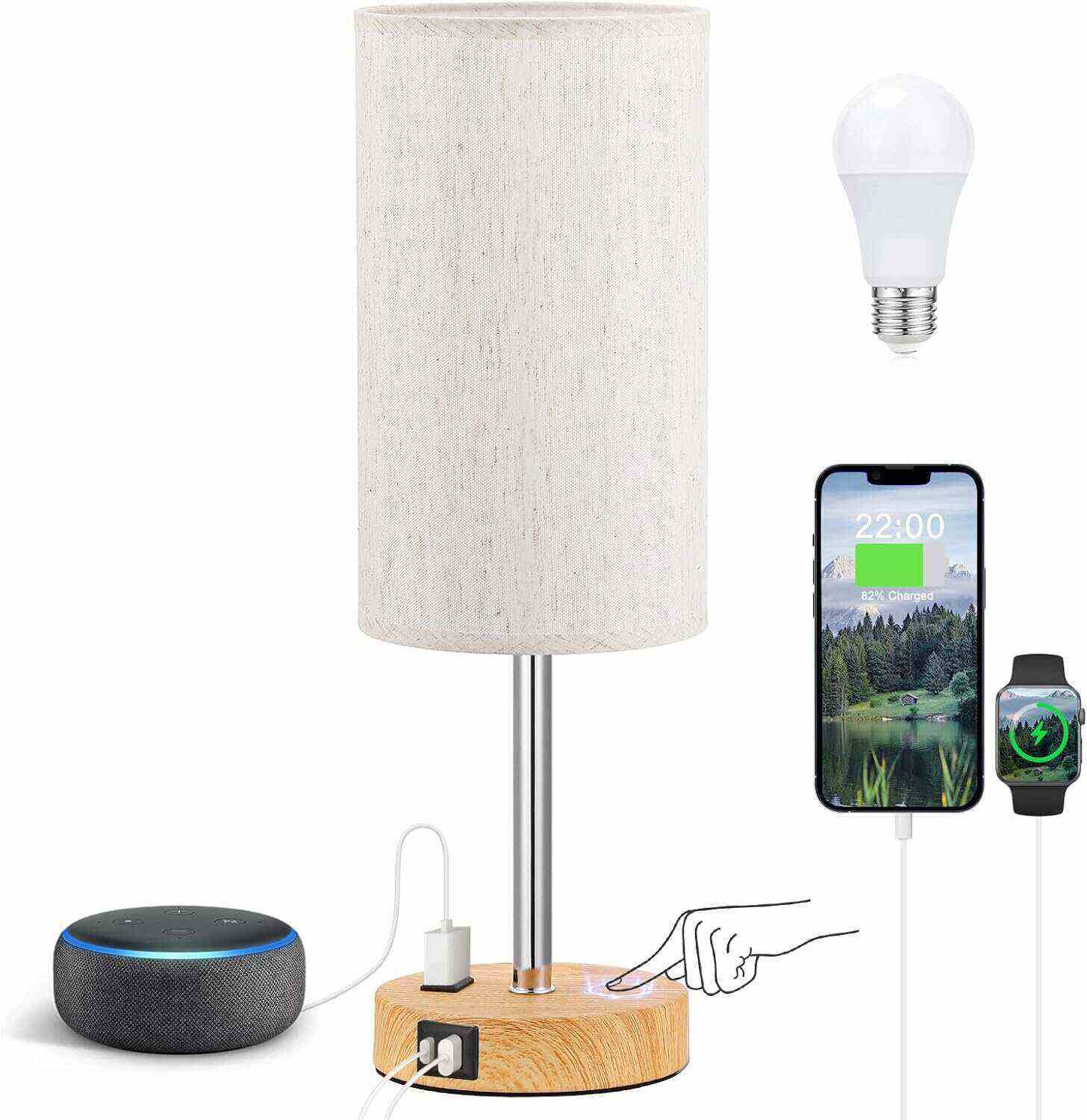 Bedside Table Lamp for Bedroom - 3 Way Dimmable Touch Lamp USB C Charging Ports and AC Outlet, Small Lamp Wood Base Round Flaxen Fabric Shade for Living Room, Desk, LED Bulb Included