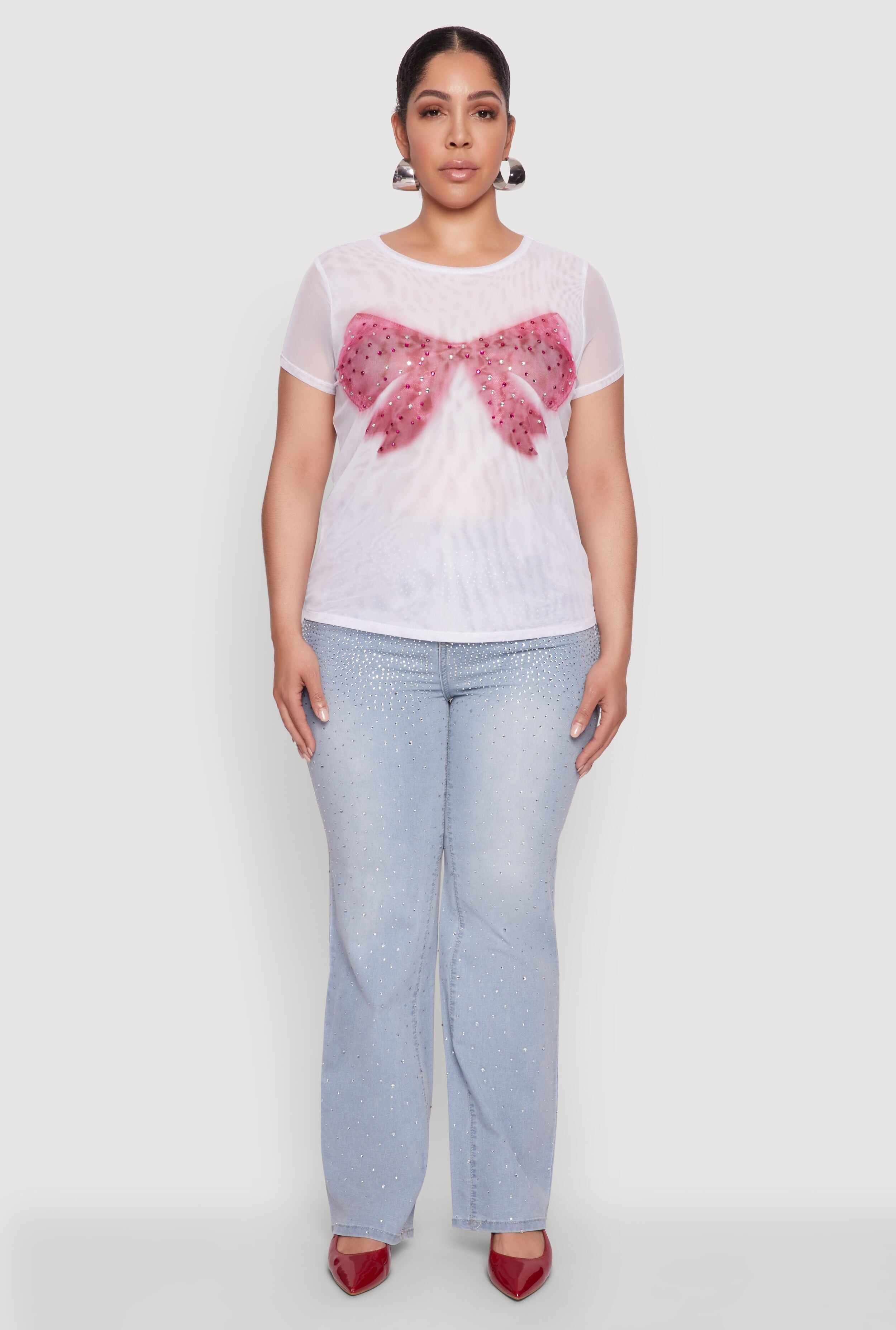 Plus Size Rhinestone Bow Graphic Mesh Top