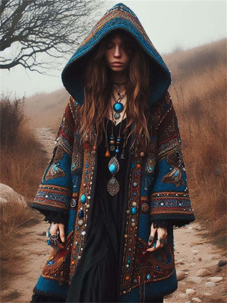 Vintage Western Ethnic Aztec Beaded Cozy Hooded Cardigan