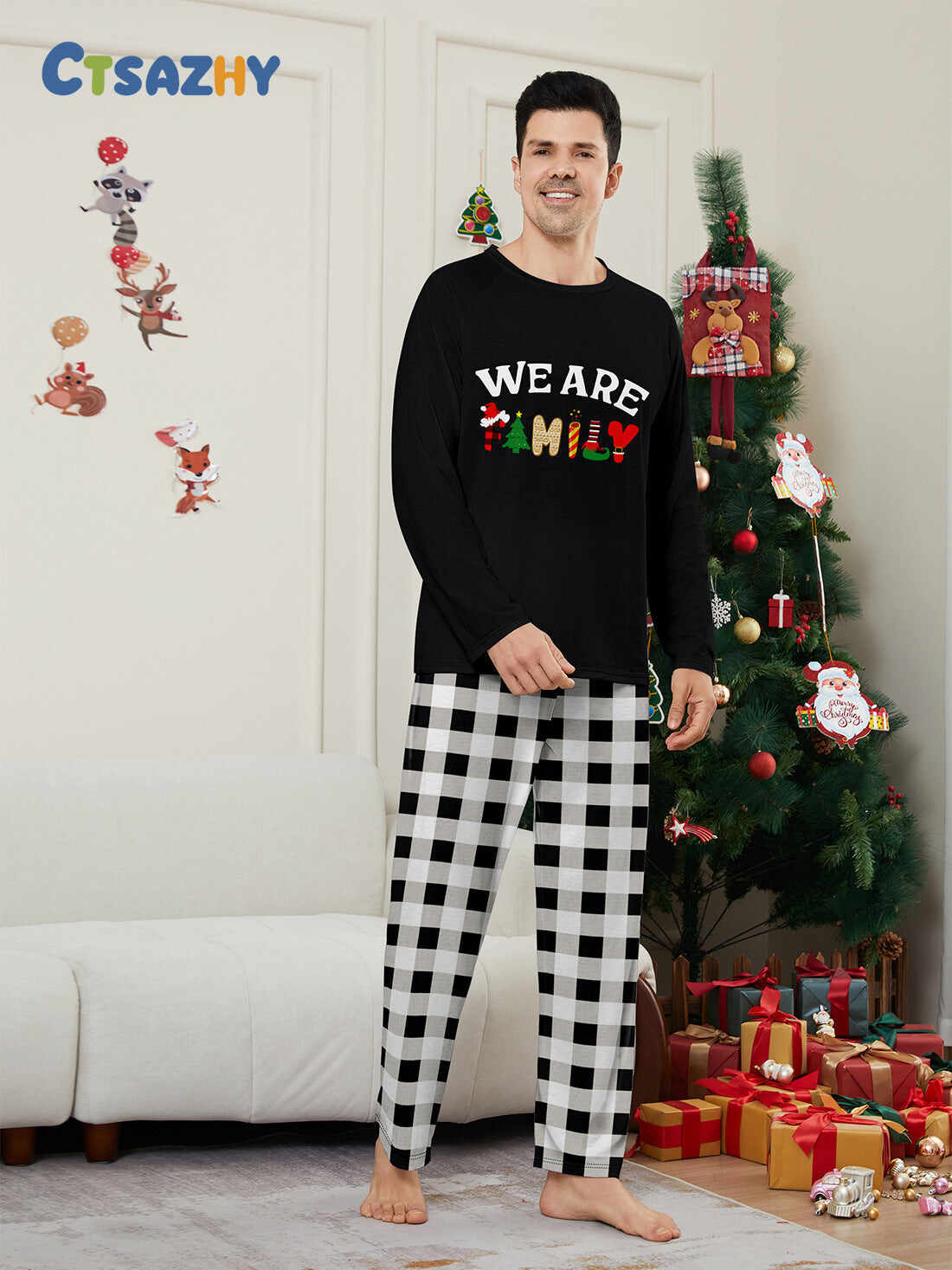 ��We Are Family�� Long Sleeve Monogrammed Plaid Parent-Child Pajamas