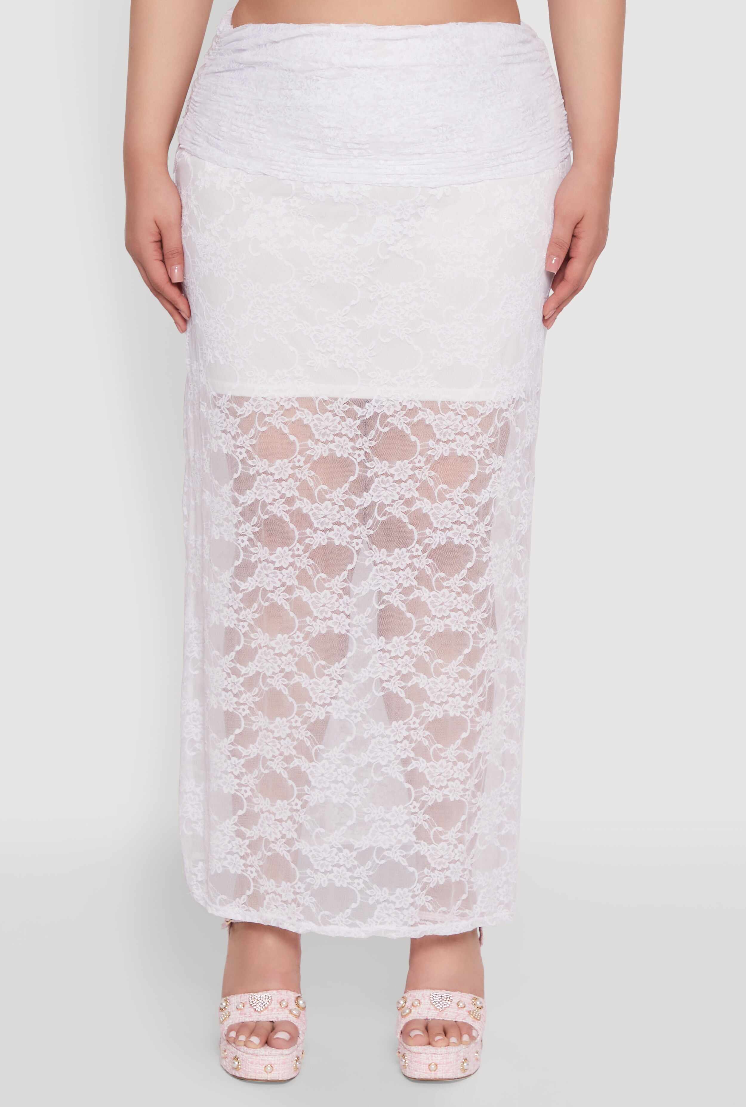 Plus Size Lace High Waisted Fold Over Maxi Skirt