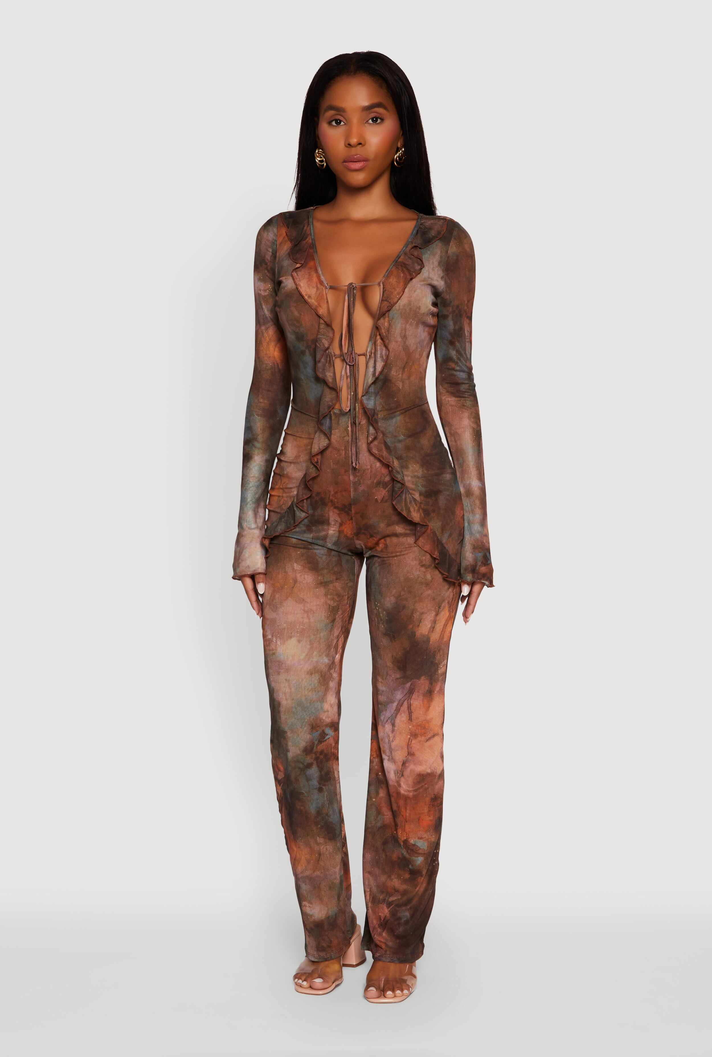 Printed Mesh Long Sleeve Ruffle Overlay Jumpsuit