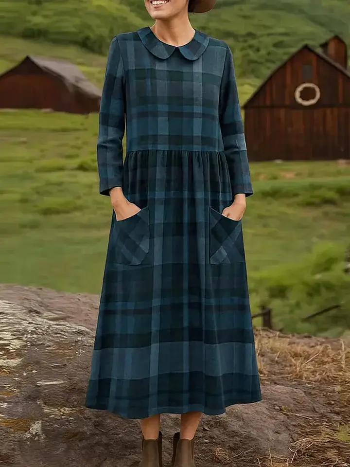 🔥Summer Arrivals🌟Women's Plaid Print Peter Pan Collar Long Sleeve Casual Loose Dress