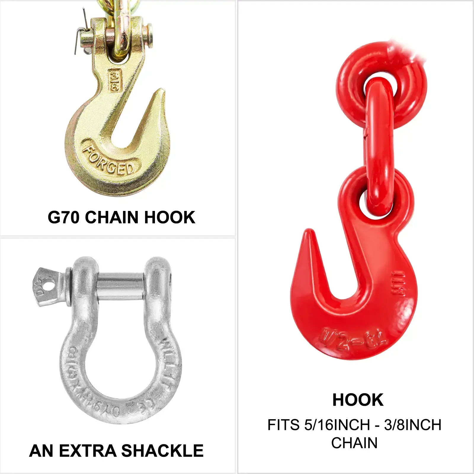 Chain and Binder Kit 3/8in-1/2in, Ratchet Load Binders 9215lbs Working Strength, Ratchet Binders and Chains, 3/8in x 10ft Chains with G70 Hooks, for Truck, Tie Down, Hauling, Towing