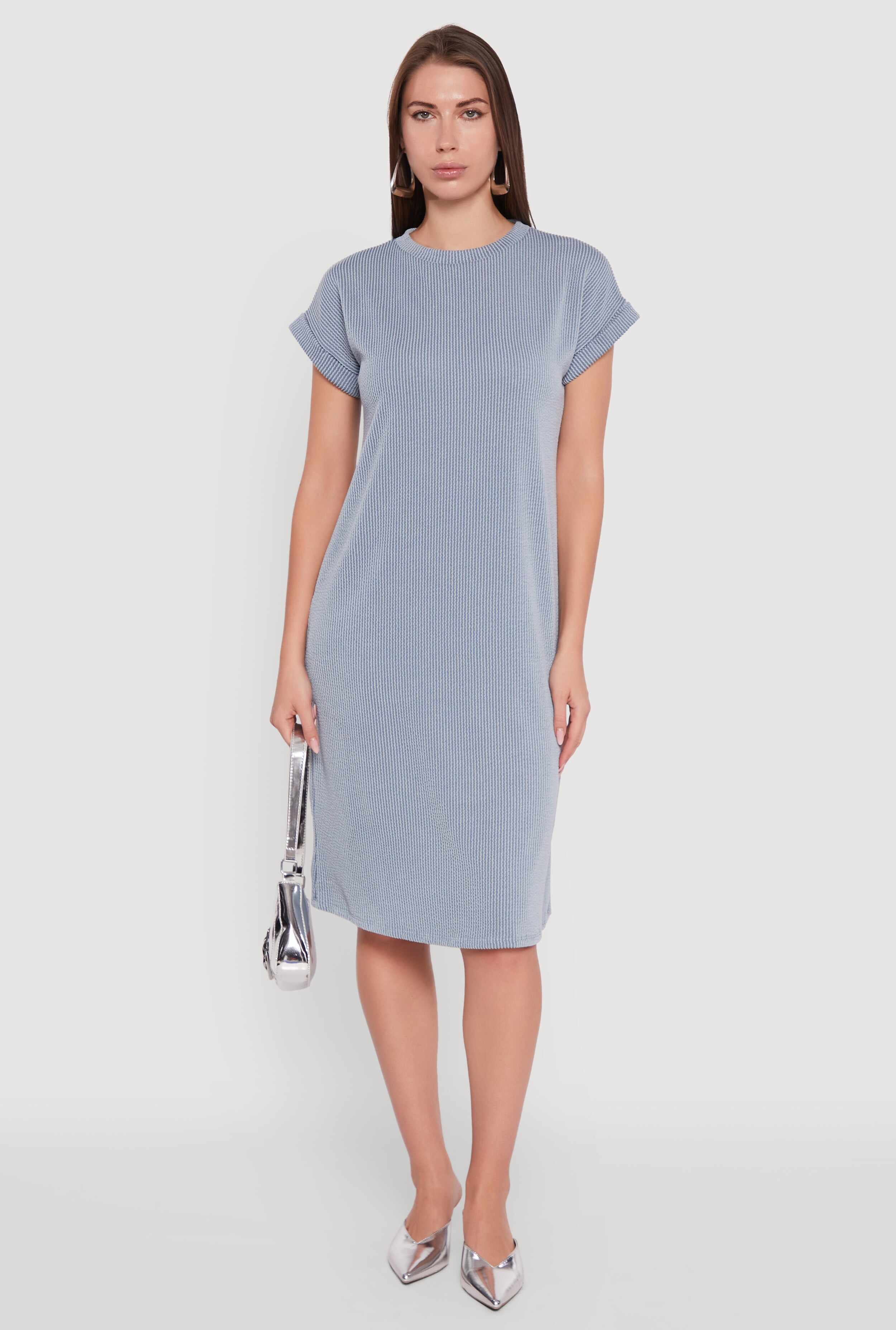 Rib Knit Shadow Stripe Fixed Cuff T-Shirt Dress