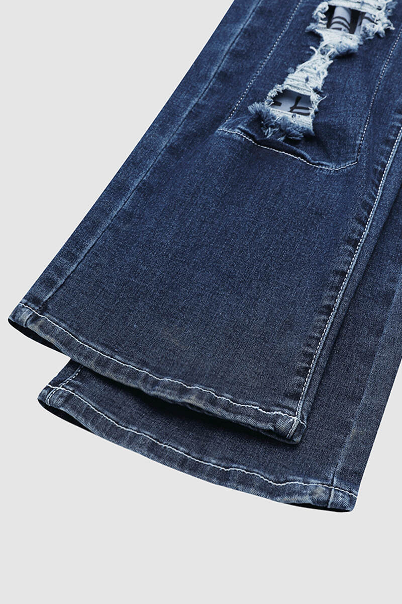 Vintage Stripe Print Ripped Mid Waist Jeans