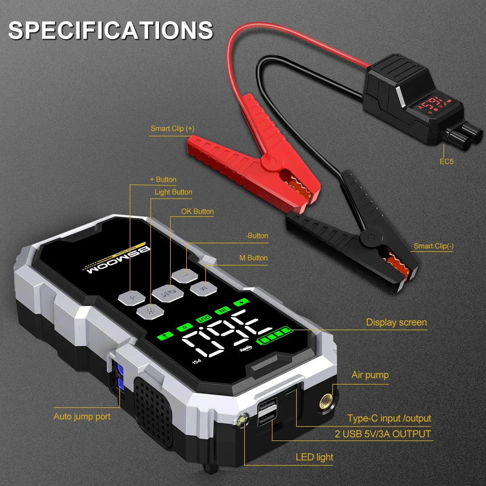 16800mAh  [5-in-1] Portable Car Jump Starter with Air Compressor(All Gas/10.0L Diesel),With Tireinflator, 12V AutoBoost BatteryCharger Jumper Box, Rapid Charger with LEDScreen Vehicle Automotive