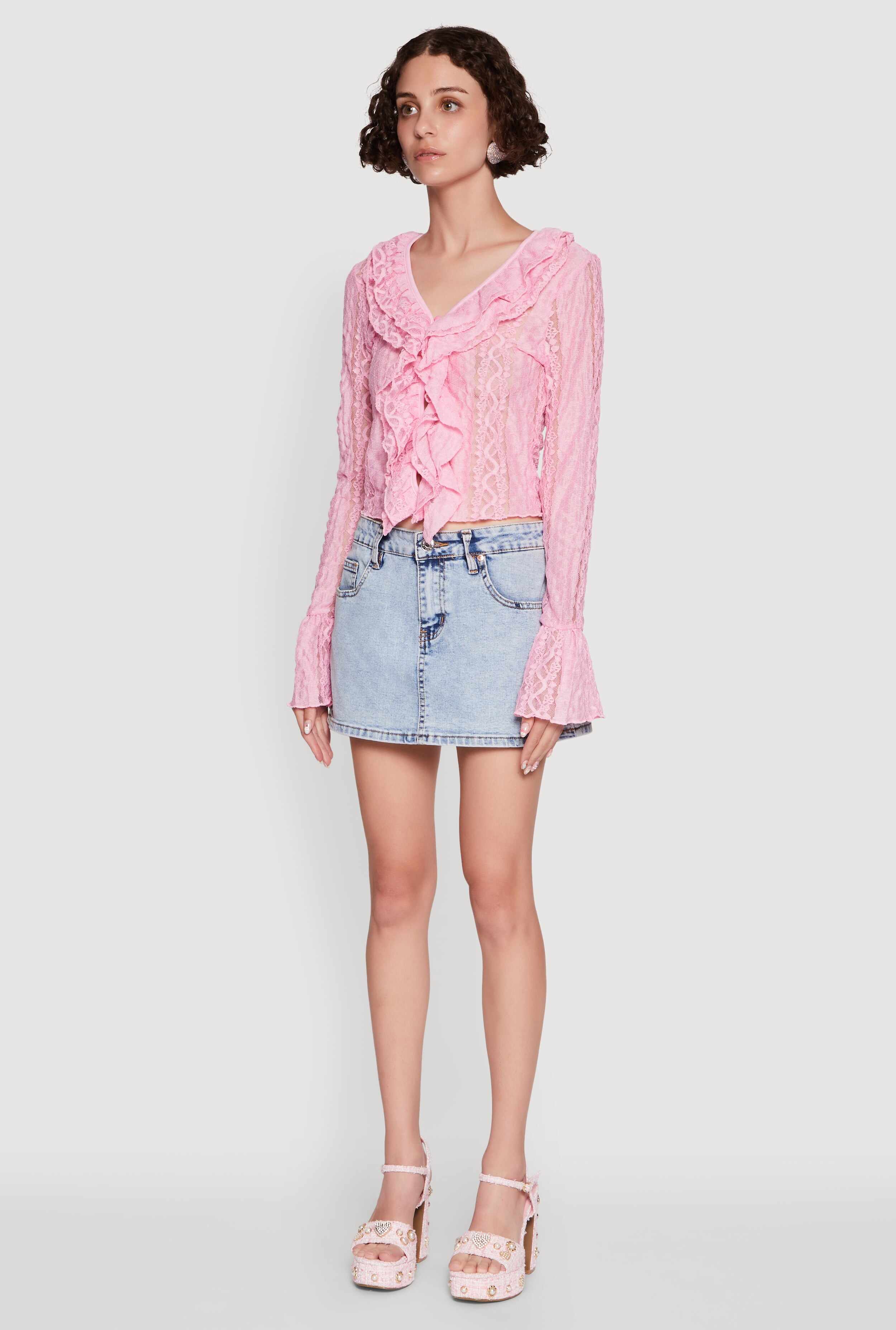 Lace V-Neck Bell Sleeve Button Front Blouse