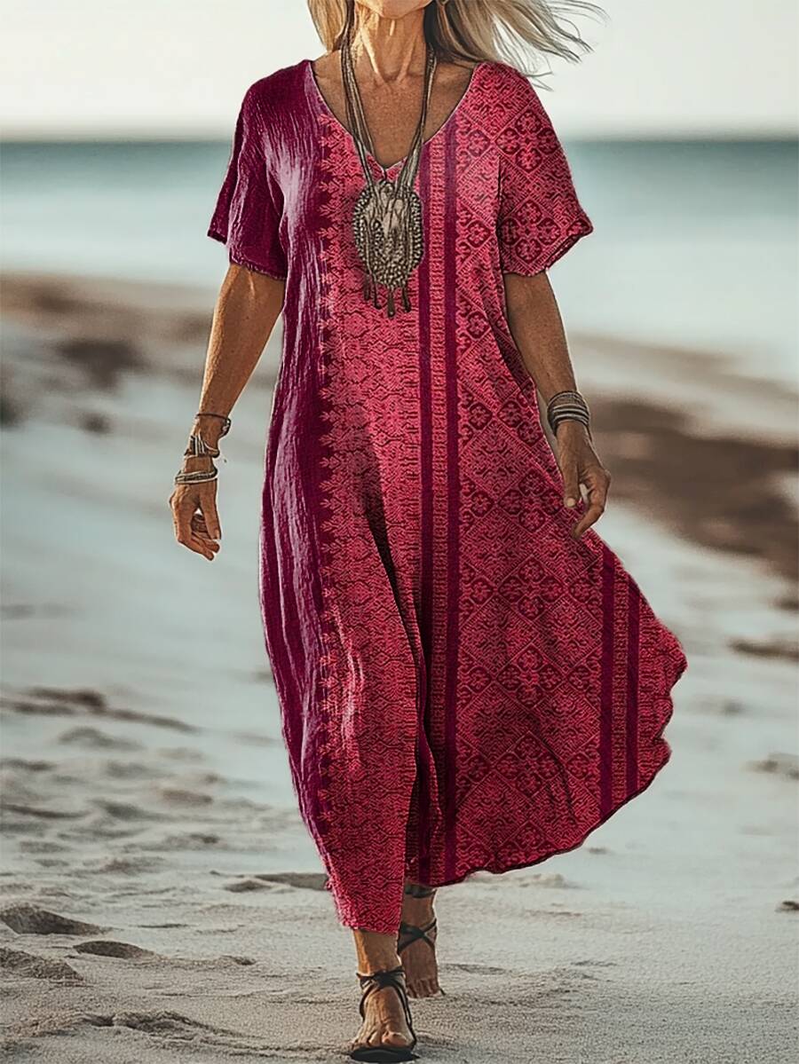 Women's Ethnic Art Patterns Print Short Sleeve Pocket Cotton Linen Dress