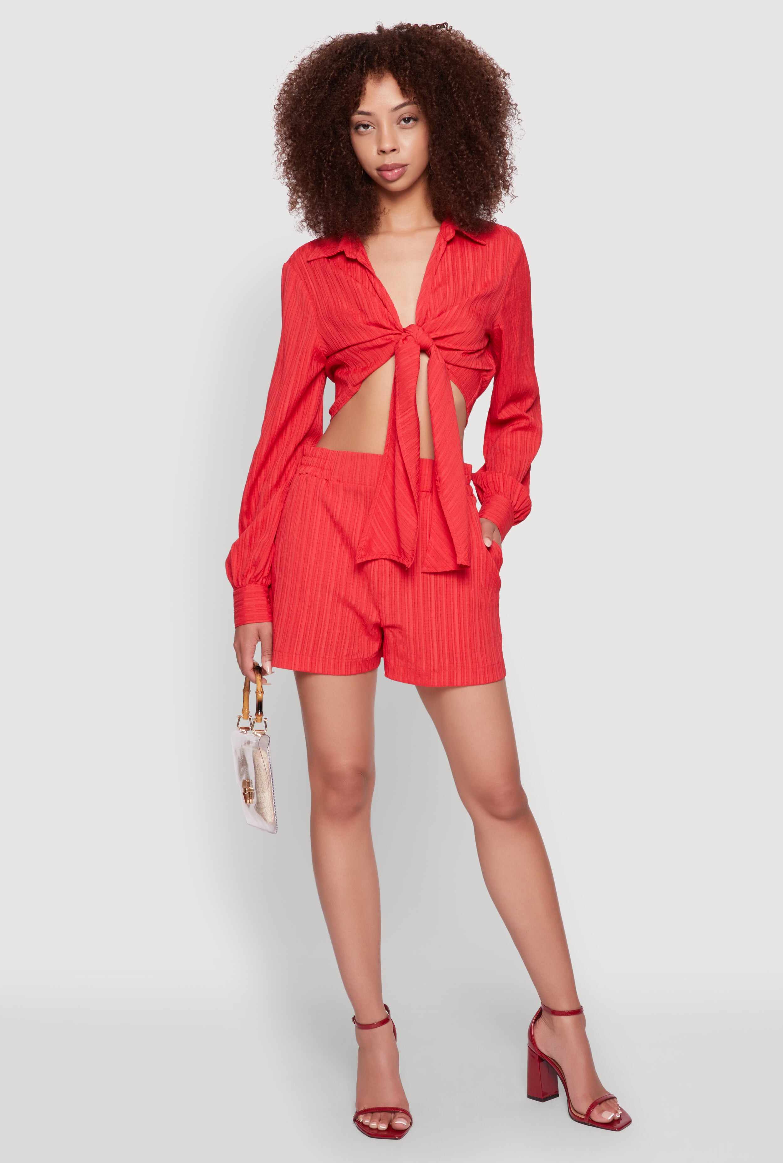 Trendy High Waisted Textured Knit Shorts with Pockets