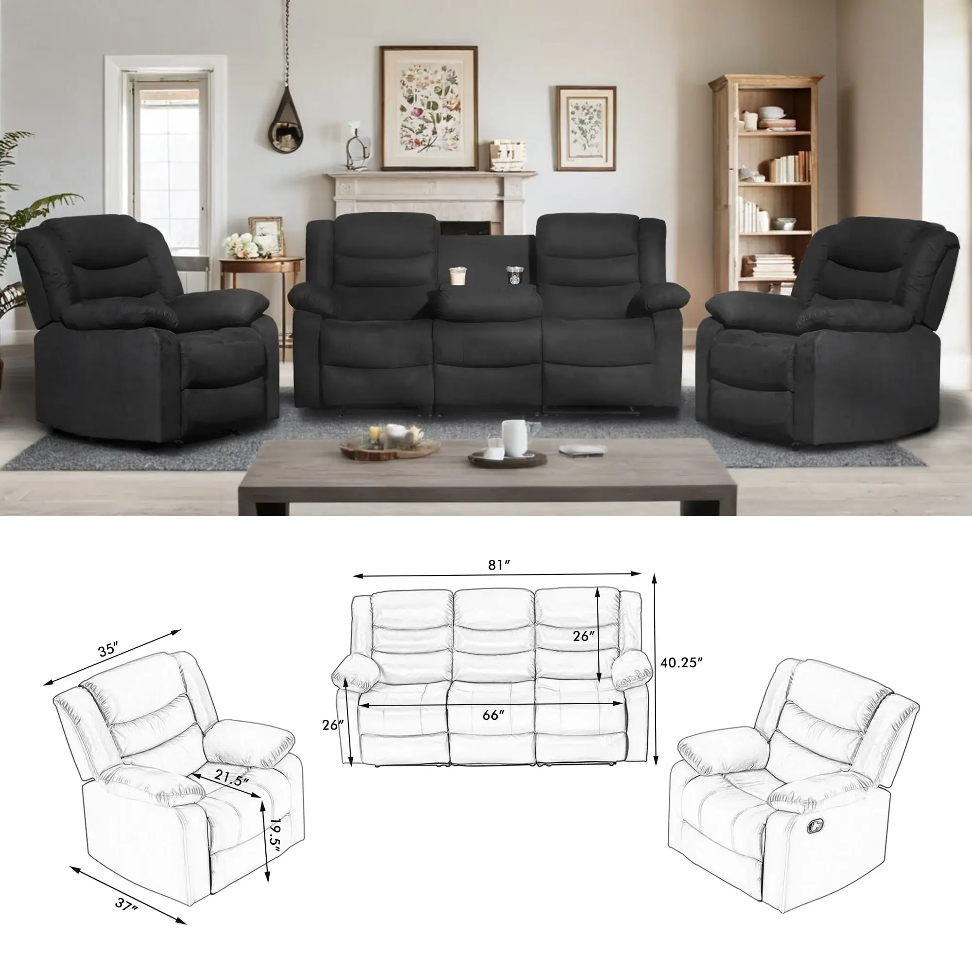 Modern 3-Piece Manual Reclining Living Room Sofa Set with Dropdown Table and Console