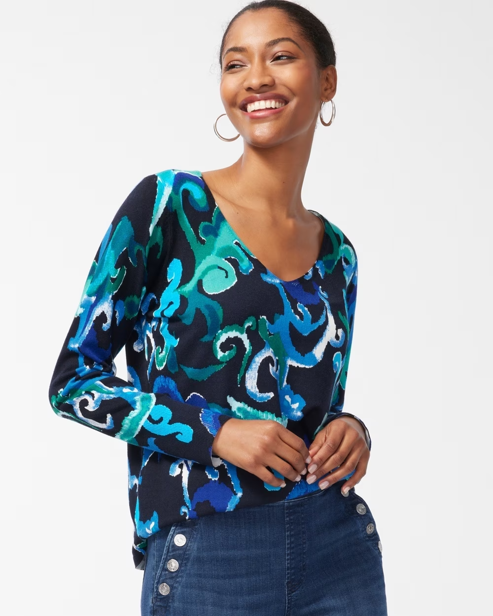 Spun Rayon Scroll Print V-Neck Sweater