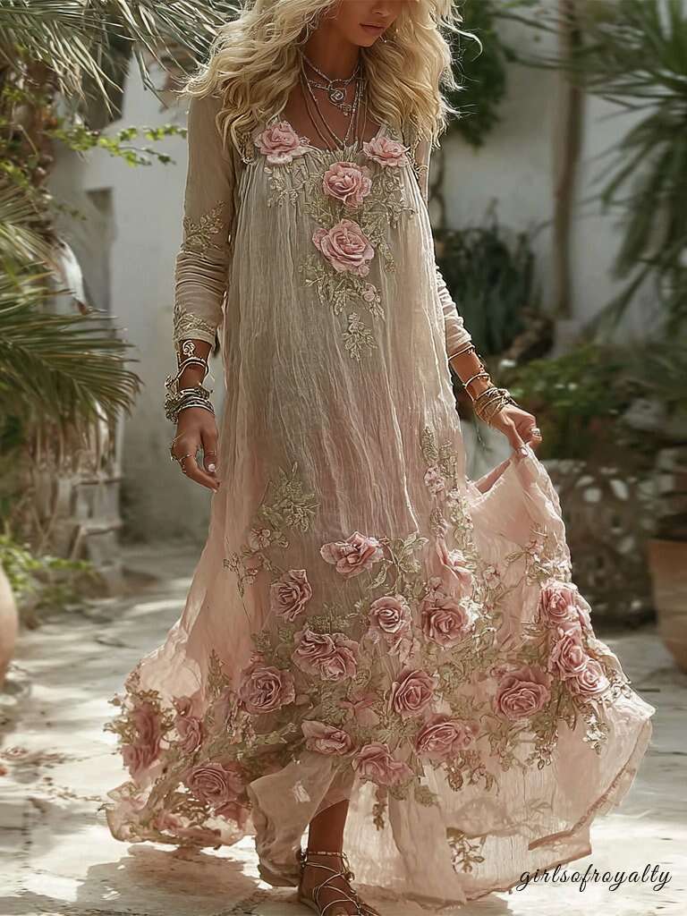 Women's Vintage Pink Rose Embroidered Linen Dress
