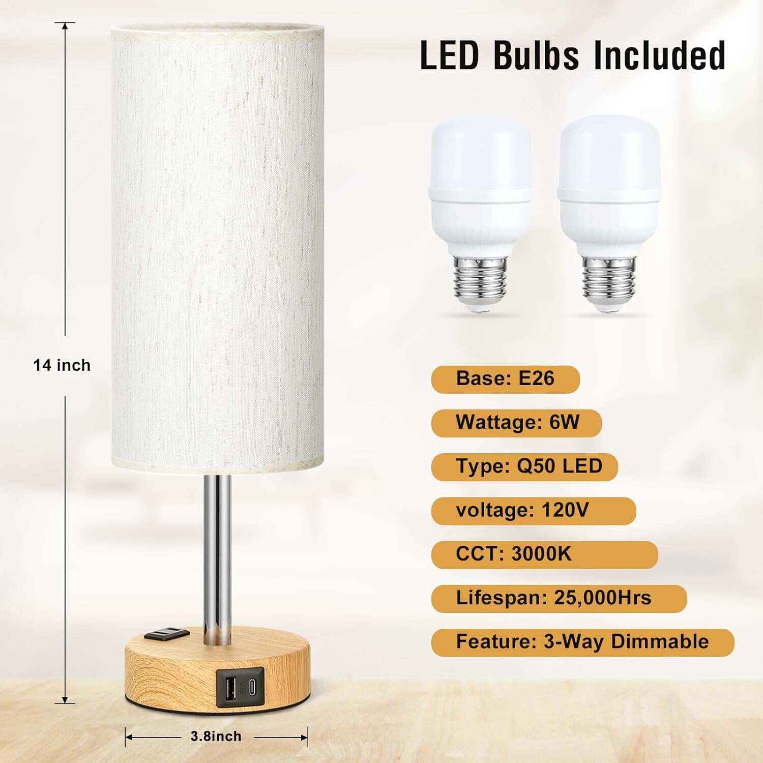 Bedside Table Lamp for Bedroom - 3 Way Dimmable Touch Lamp USB C Charging Ports and AC Outlet, Small Lamp Wood Base Round Flaxen Fabric Shade for Living Room, Desk, LED Bulb Included