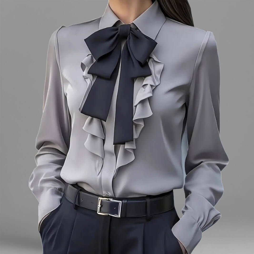 Women's Formal Shirt Collar Bow Tie Ruffles Long Sleeve Blouse