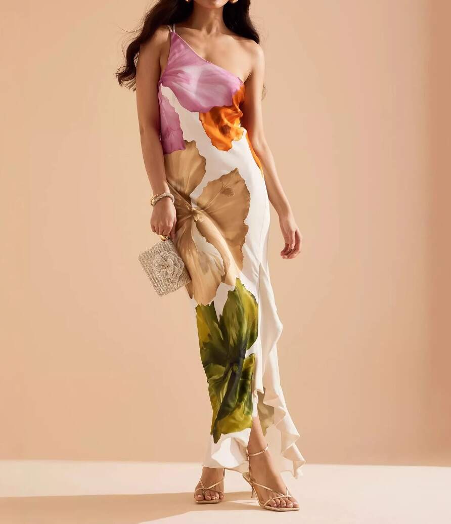 Love Filled Floral Print One Shoulder Side Ruffles Maxi Slip Dress