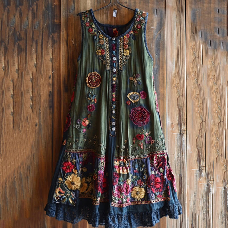 Vintage Floral Lace Patchwork Art Comfy Sleeveless Dress