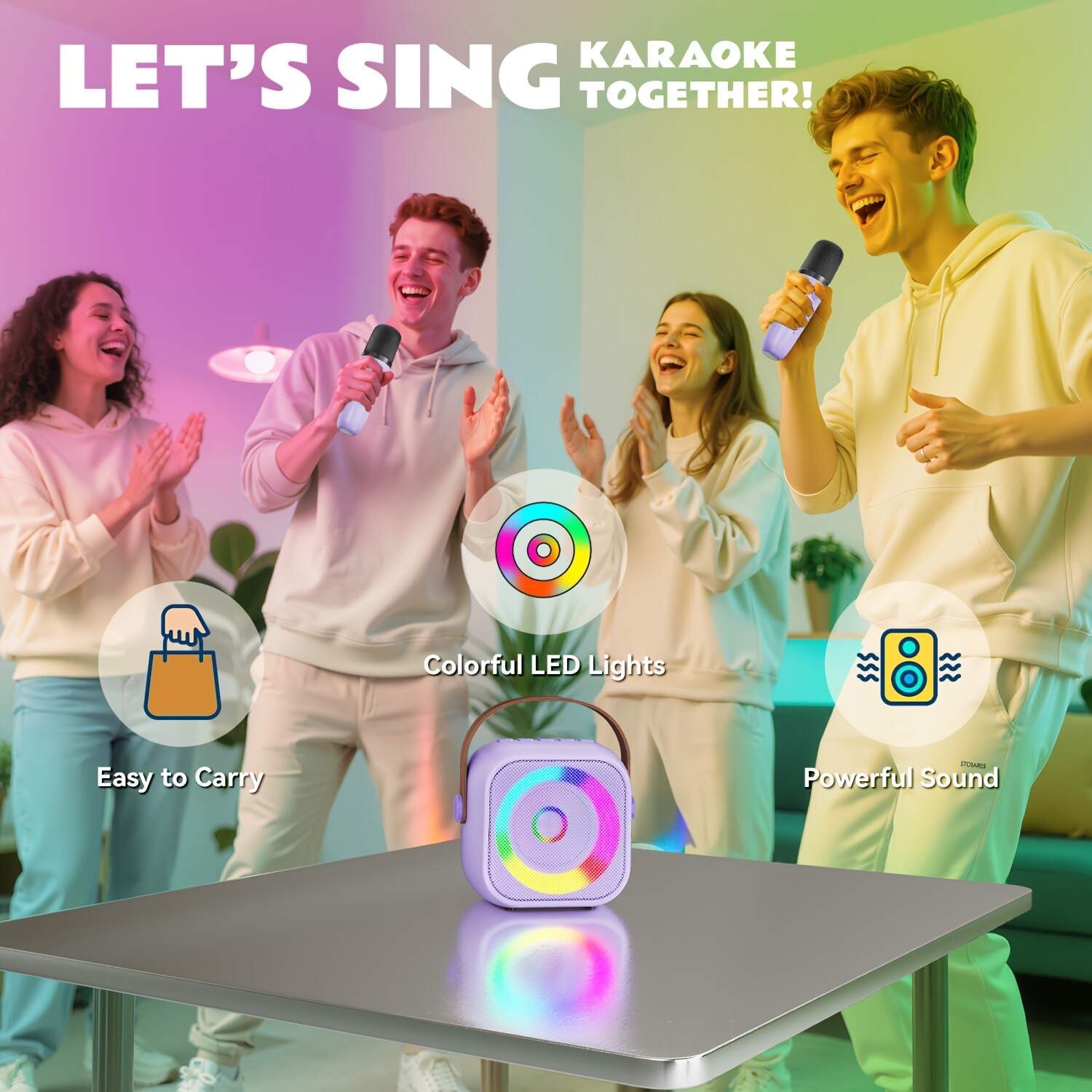 Portable Karaoke Machine, Wireless Speaker, Equipped With Dual Microphones, Rechargeable Lithium Battery, LED Party Light, Suitable For Smartphones, Tablets And Home Entertainment