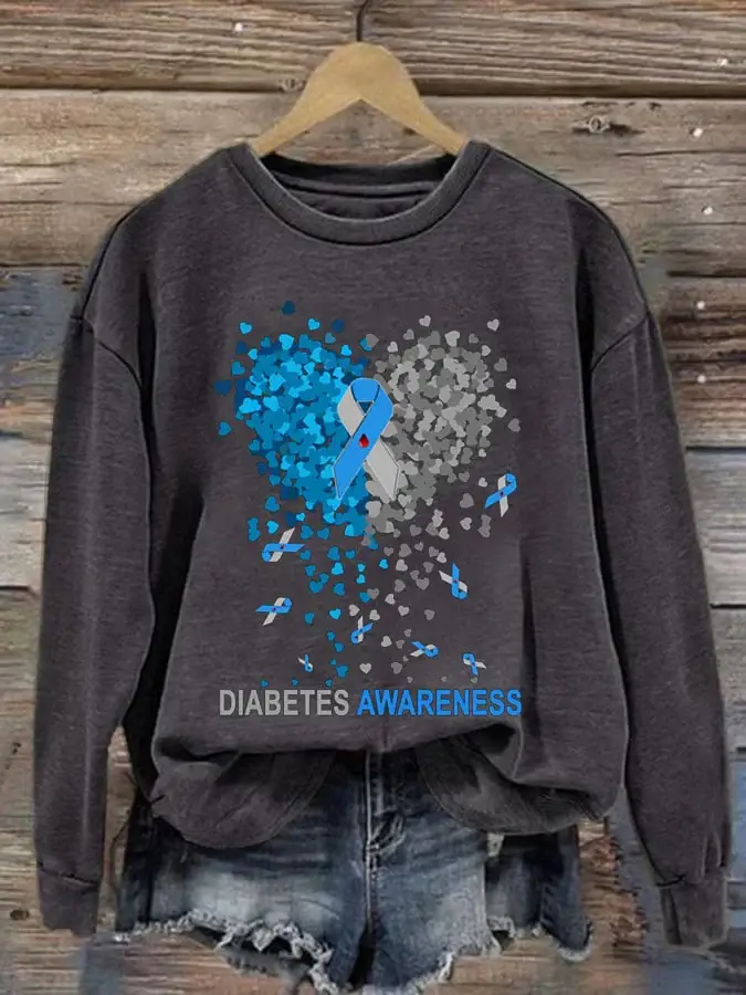 Women's Casual Diabetes Awareness Print Long Sleeve Sweatshirt