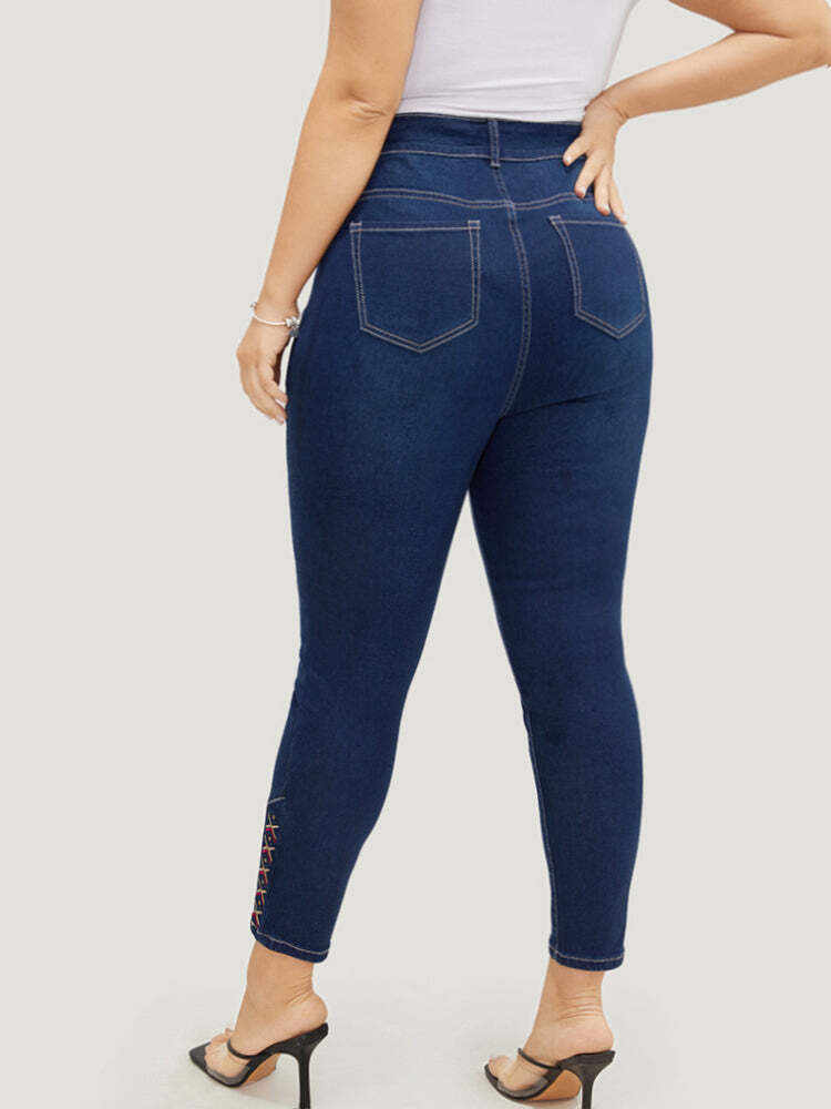 Very Stretchy High Rise Dark Wash Geometric Embroidered  Jeans