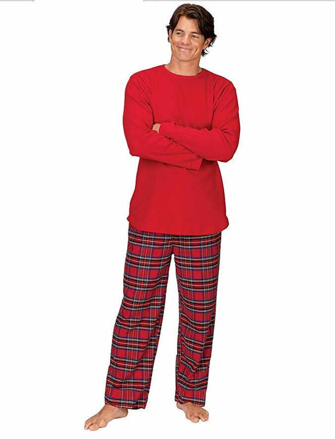 Christmas Long Sleeve Pure Red Top and Long Plaid Pants Family Matching Pajamas