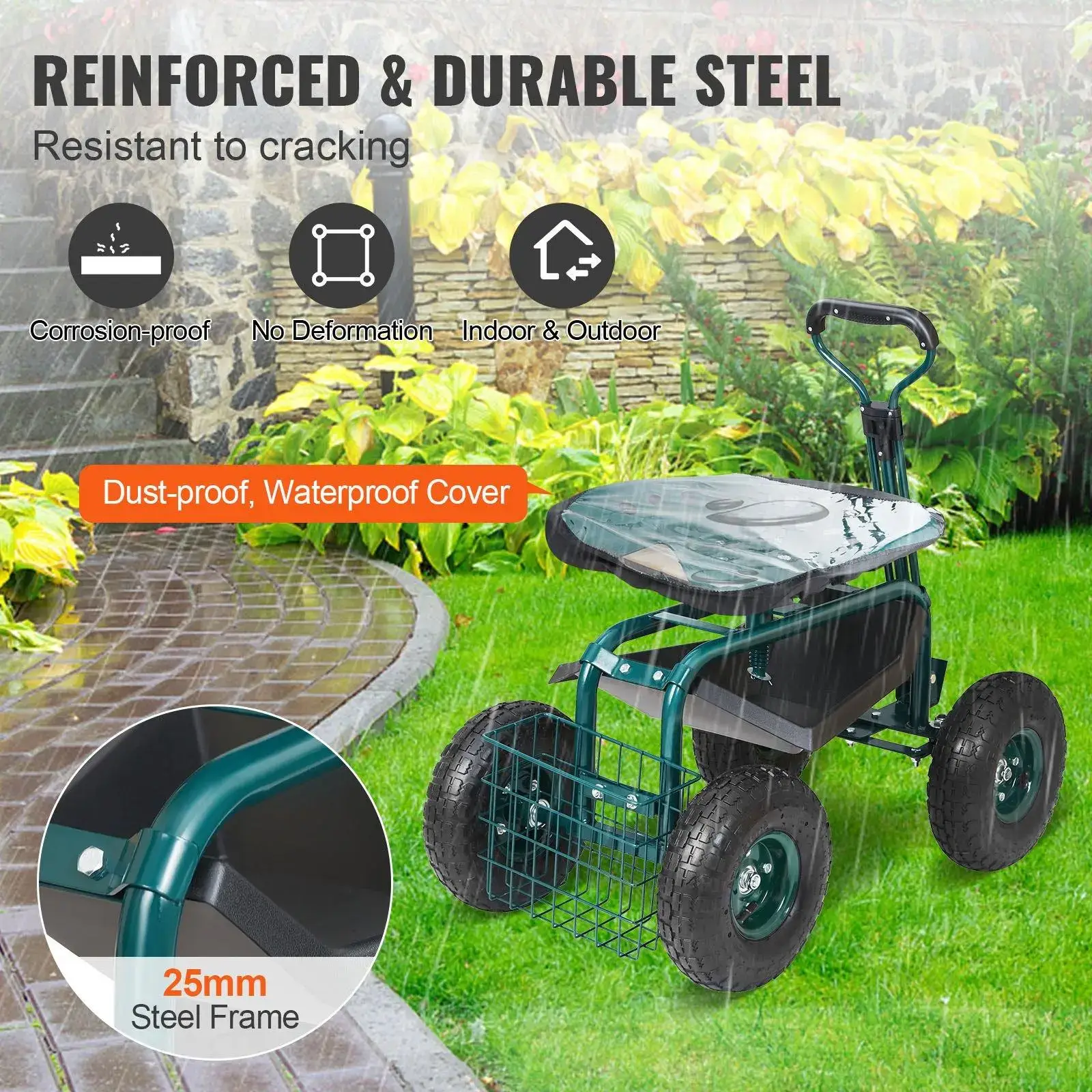 Garden Cart Rolling Workseat with Wheels, Gardening Stool for Planting, 360 Degree Swivel Seat, Wagon Scooter with Steering Handle & Utility Tool Tray, Use for Patio, Yard, and Outdoors