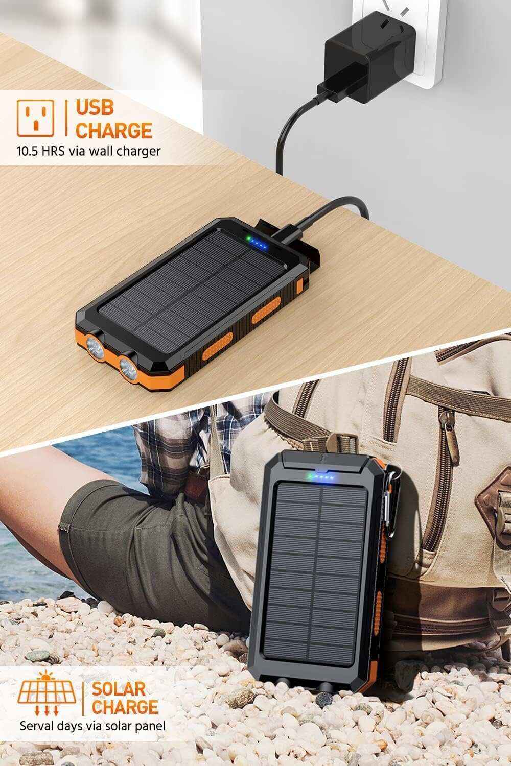 Power-Bank-Portable-Charger-Solar - 36800mAh Waterproof Portable External Backup Battery Charger Built-in Dual QC 3.0 5V3.1A Fast USB and Flashlight for All Phone and Electronic Devices (Deep Orange)