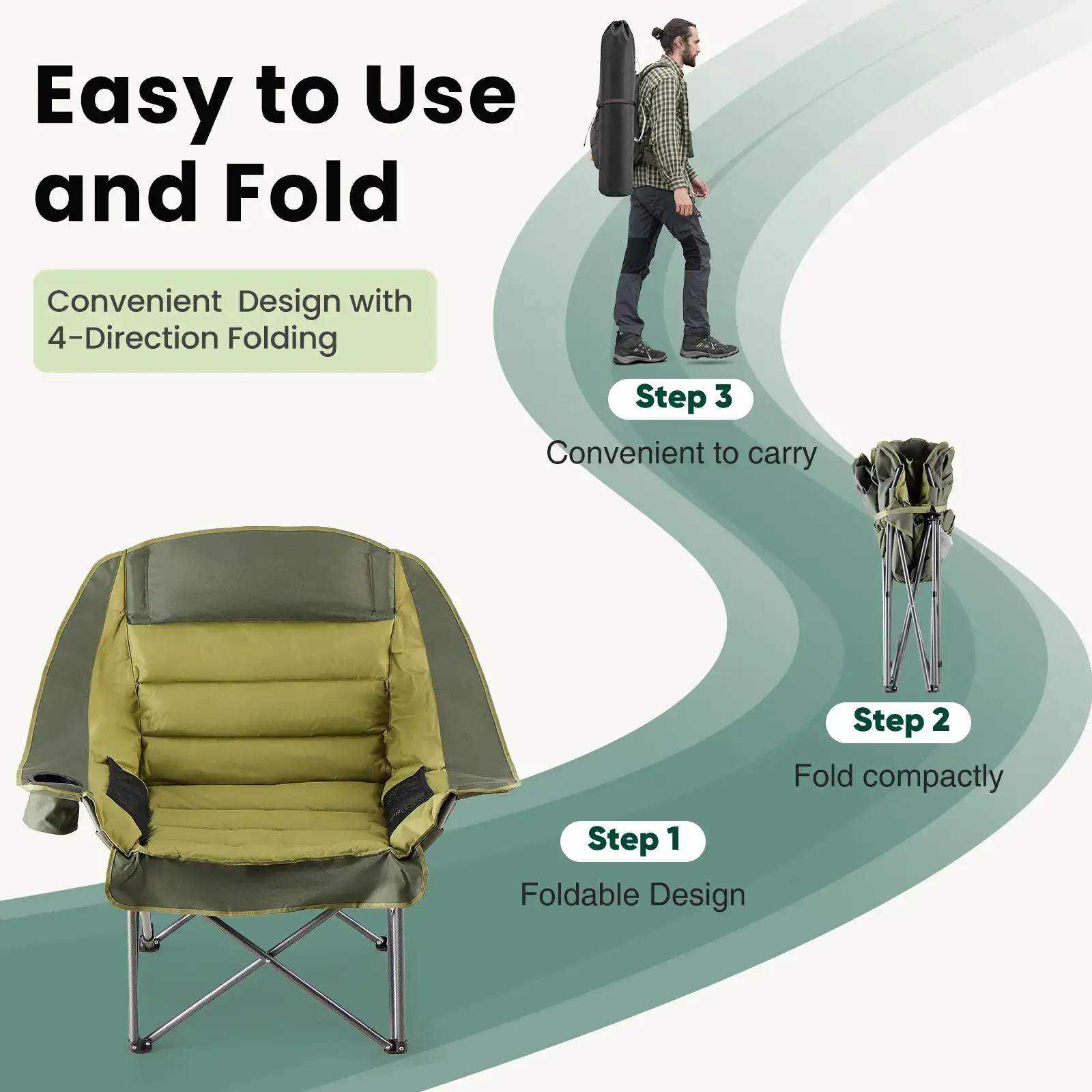 Comfort Folding Camping Chair，With 440 Lbs Capacity, Reinforced Steel Frame And 600D Oxford Fabric, 2 Cup Holders And Side Pockets, Folds Into Carry Bag, Perfect For Outdoor Concert And Glamping