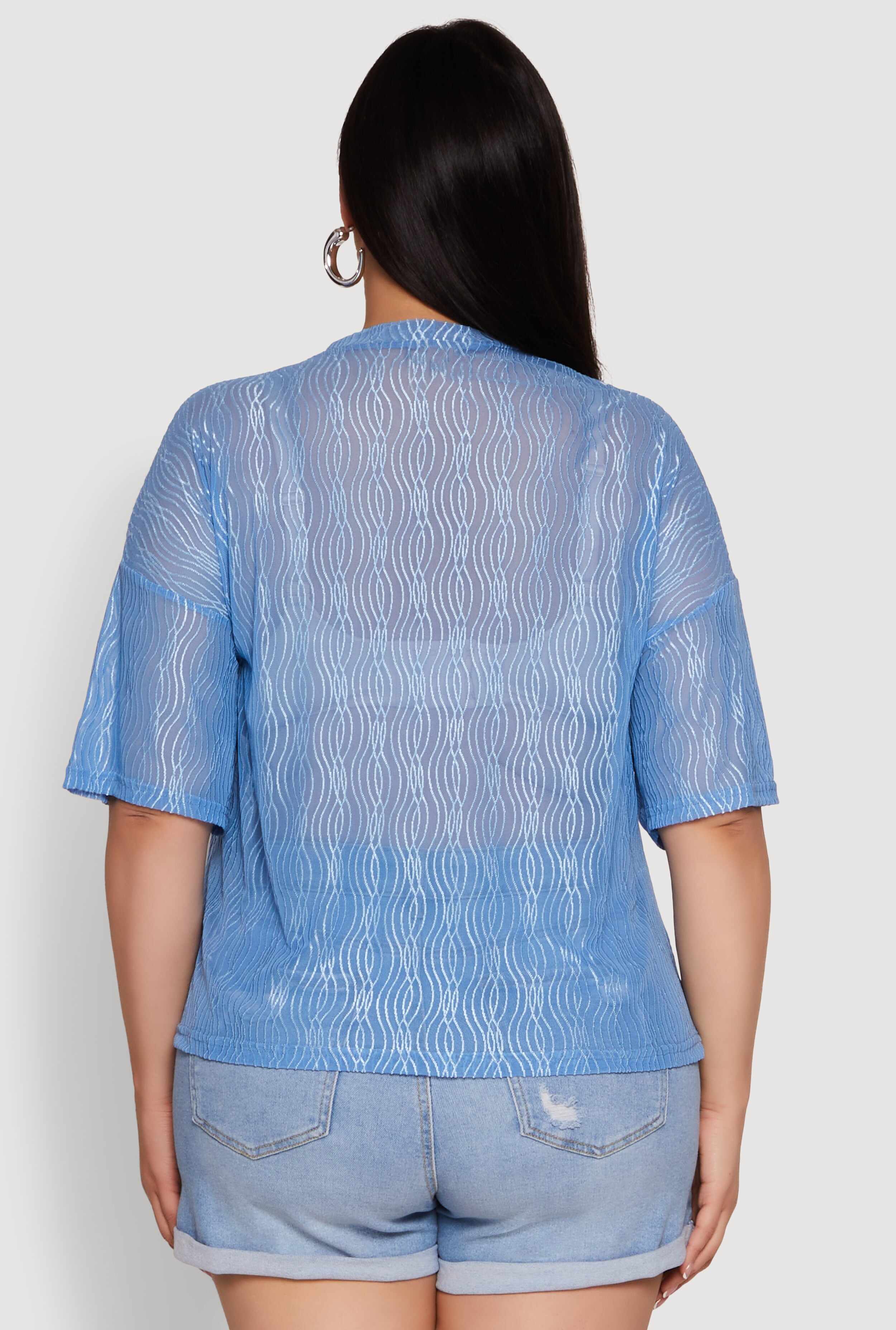 Plus Size Chic Sheer Mesh Blouse with Crew Neck and Short Sleeves
