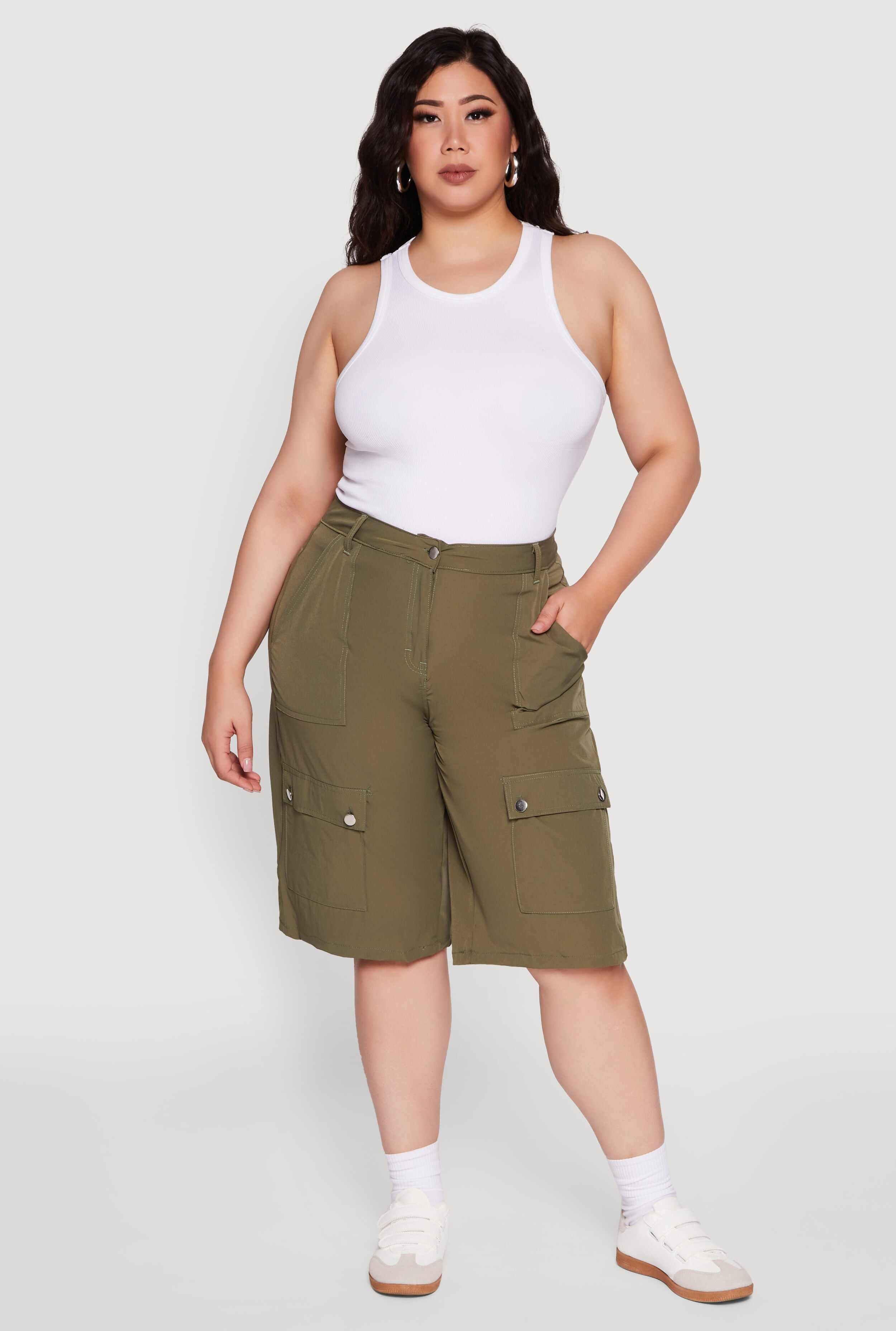 Plus Size High Waisted Solid Nylon Cargo Shorts