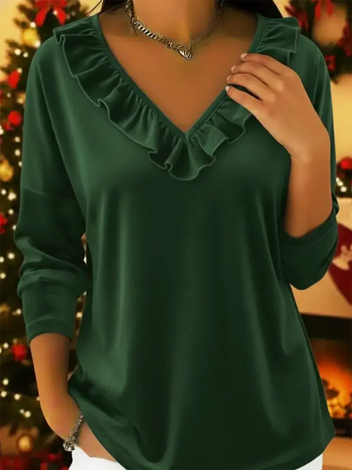 🔥Summer Arrivals🌟Retro Christmas Velvet V-neck Ruffled Pullover Top