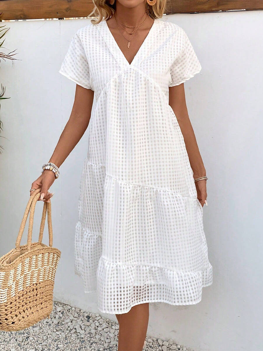 🔥Summer Arrivals🌟Women's Short-sleeved V-neck Hollow Mesh Dress