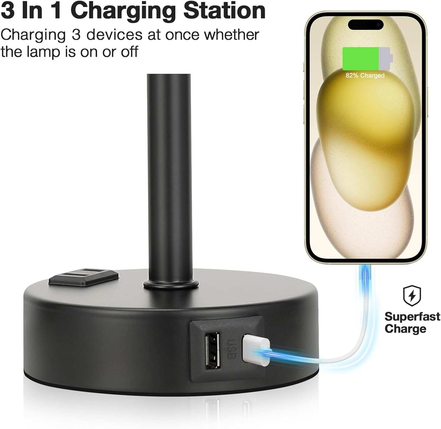 Bedside Table Lamp for Bedroom - 3 Way Dimmable Touch Lamp USB C Charging Ports and AC Outlet, Small Lamp Wood Base Round Flaxen Fabric Shade for Living Room, Desk, LED Bulb Included