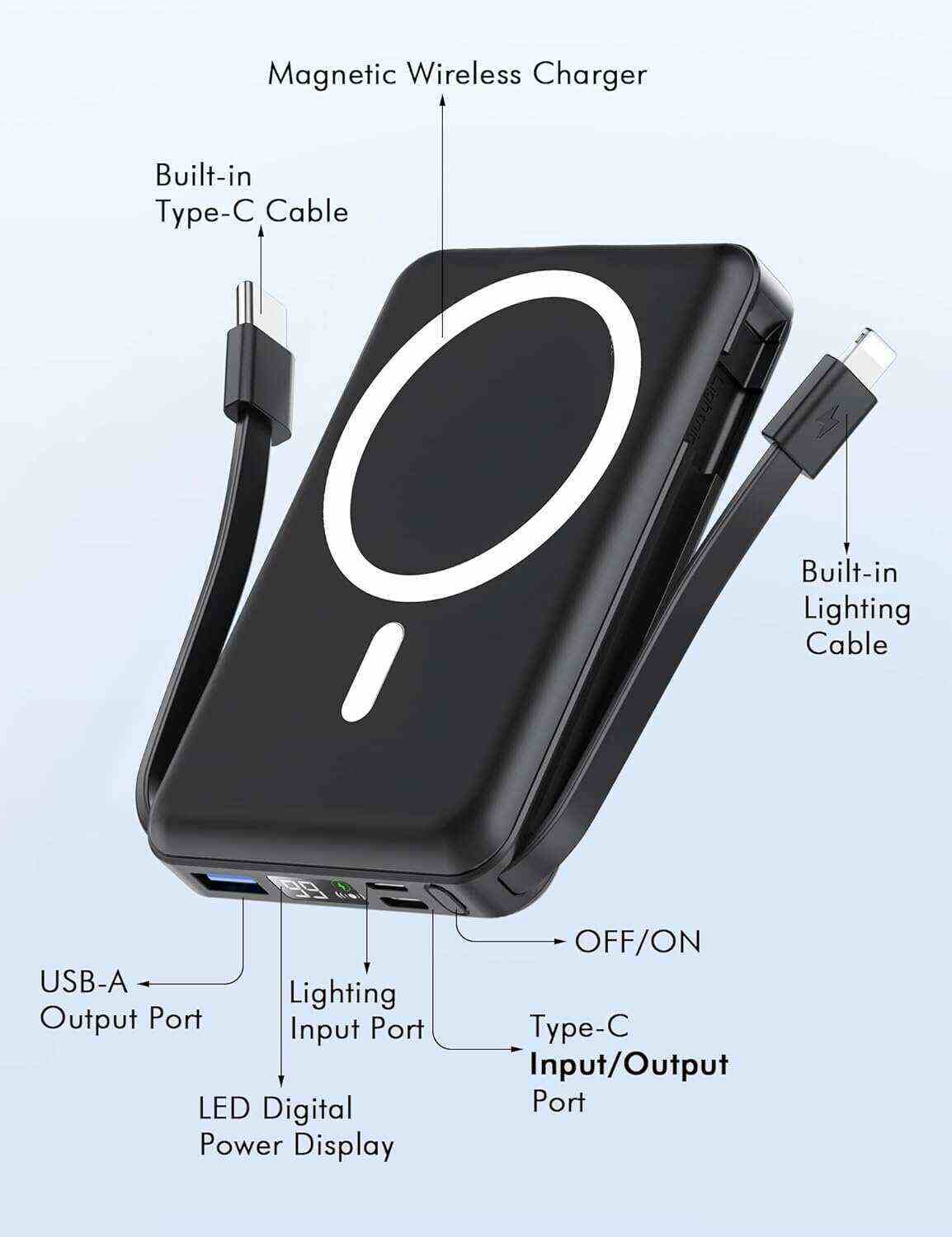 podoru Wireless Portable Charger, 10000mAh Magnetic Power Bank Built-in USB-C Lighting Cables 22.5W PD Fast Charging LED Display Mag-Safe Battery Pack for iPhone 15/14/13/12/Mini/Pro/Pro Max - White
